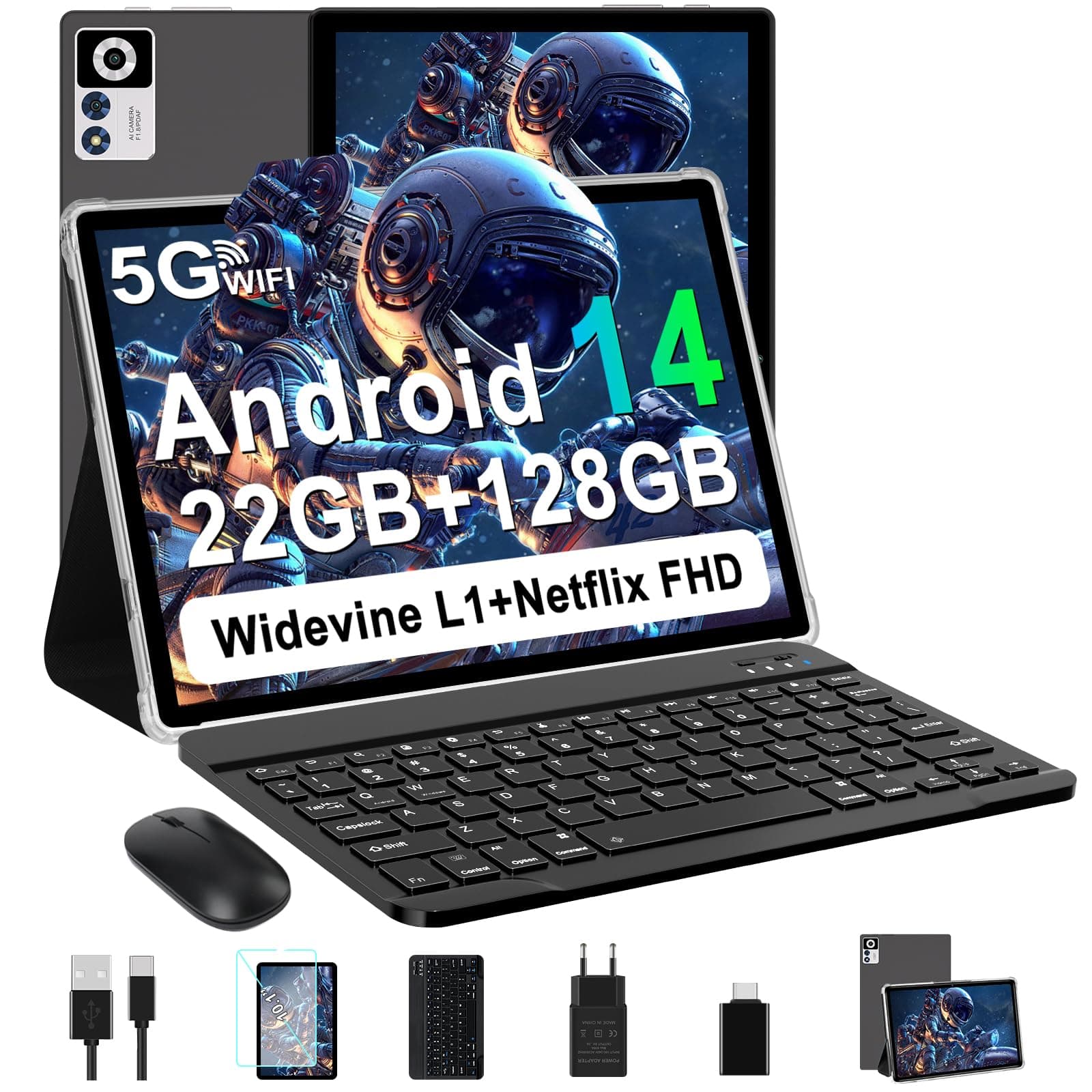 ZIOVO Tablette Android 14 Tablette 10 Pouces,22GoRAM+128Go ROM (1To TF),Widevine L1|8000mAh| Octa-Core|2.0GHz| 5G WiFi| BT 5.0| 5+8MP, Tablette Tactile avec Clavier et Souris-Noir