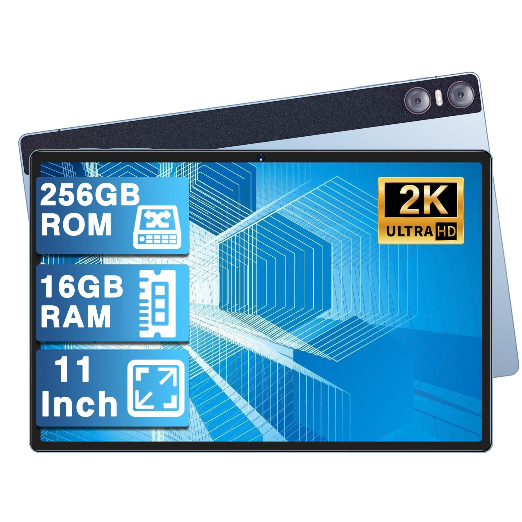 Android Tablette 11 Pouces avec 16 Go RAM+ 256 Go ROM(1To TF), Octa-Core, 2K Écran IPS FHD, Widevine L1, 8600mAh, 3 Caméras, GPS, WiFi, BT 5.0, Corps métallique, Tablette Tactile avec Étui, Bleu