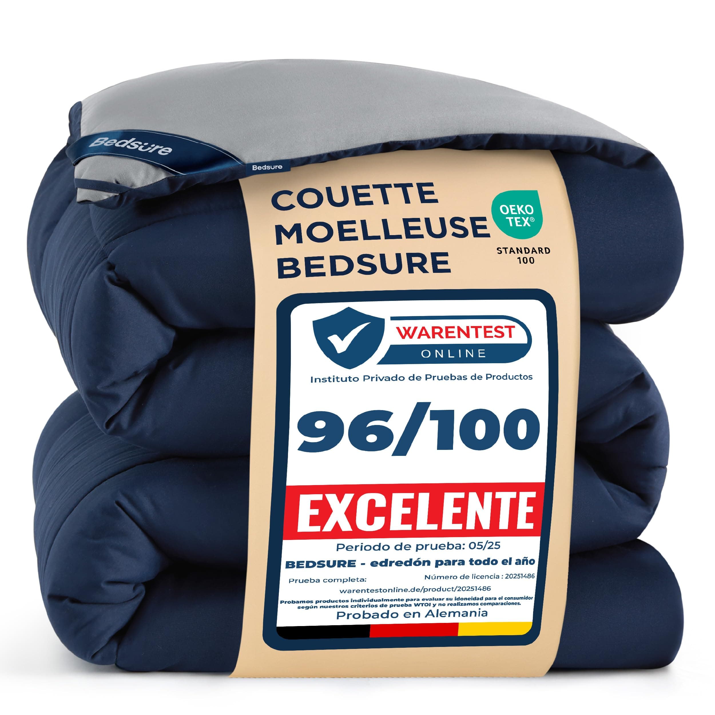 Bedsure Couette 220x240 4 Saisons - Couette sans Housse 300g/m² | OEKO-TEX, Hypoallergénique, Housse Microfibre Douce, Durable, sans Agglomération, Lavable en Machine, Bicolore Bleu/Gris