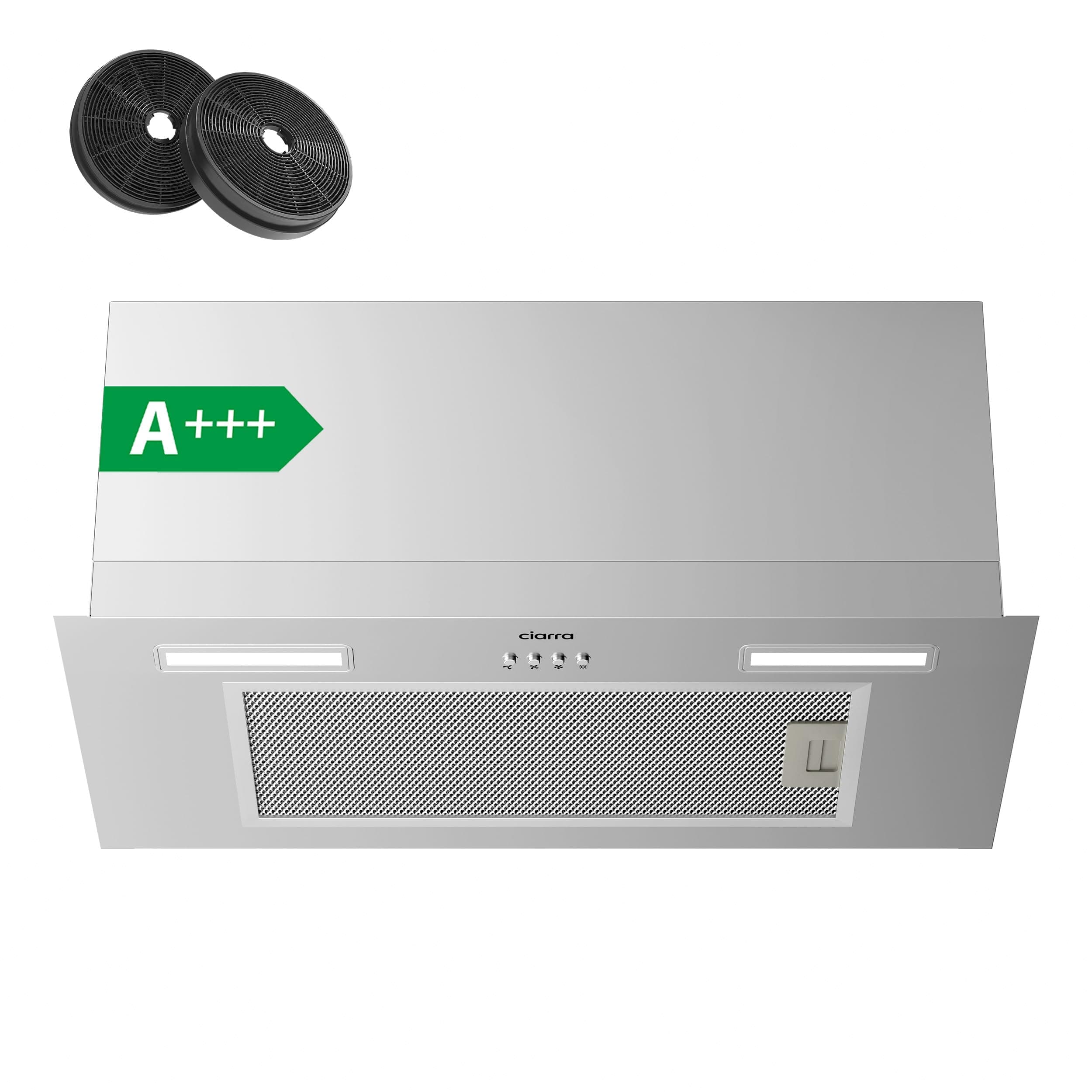 Ciarra Hotte Aspirante Encastrée 60cm Classe A+++, 704 m³/h – CBCS6926A | 3 Vitesses, Mode Recyclage ou Évacuation, Filtre à Charbon CBCF003 Inclus, LED Éclairage, Inox
