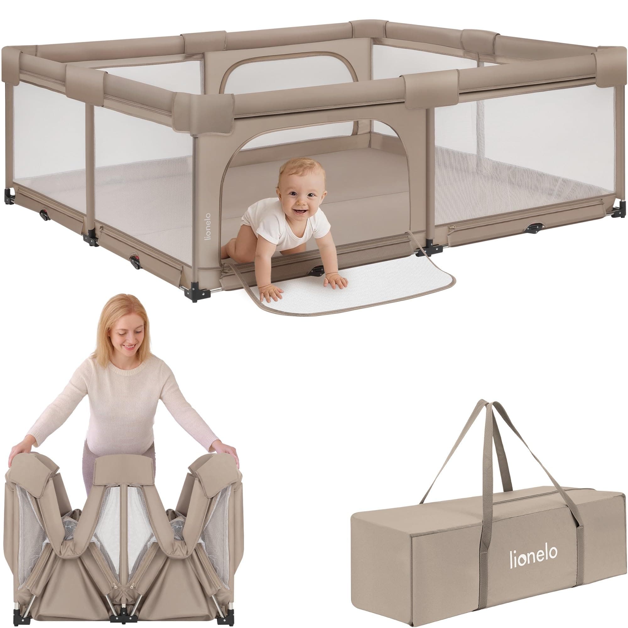 Lionelo Florence XL Easy Fold Parc pour bébé 180 x 200 cm, pliable, sans montage, 2 entrées latérales avec fermeture éclair, filet respirant, bords souples, sac de transport