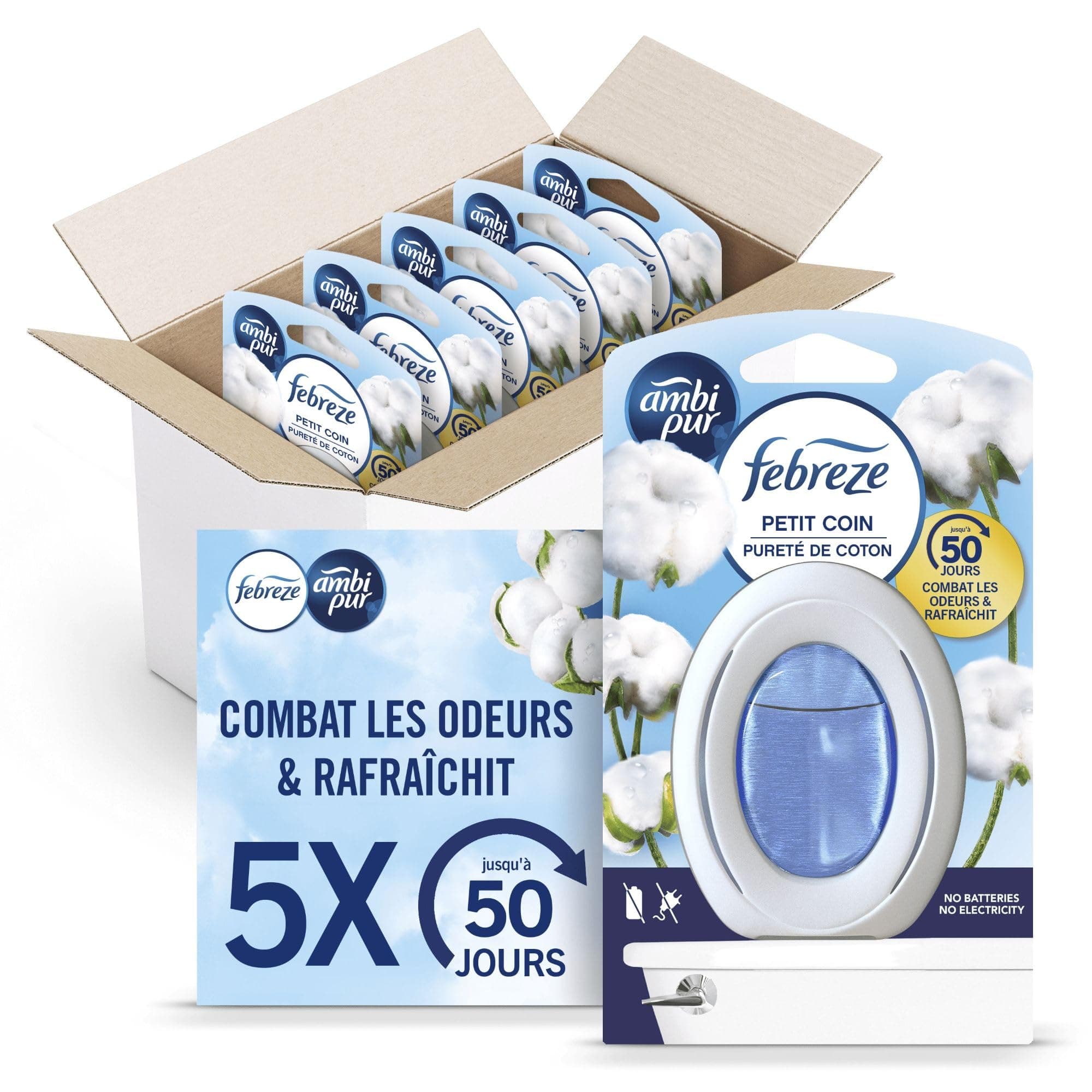 Febreze Petit Coin, Désodorisant WC En Continu (7.5ml x5), Parfum Pureté de Coton, Combat Les Odeurs, Fraîcheur Jusqu'à 50 Jours