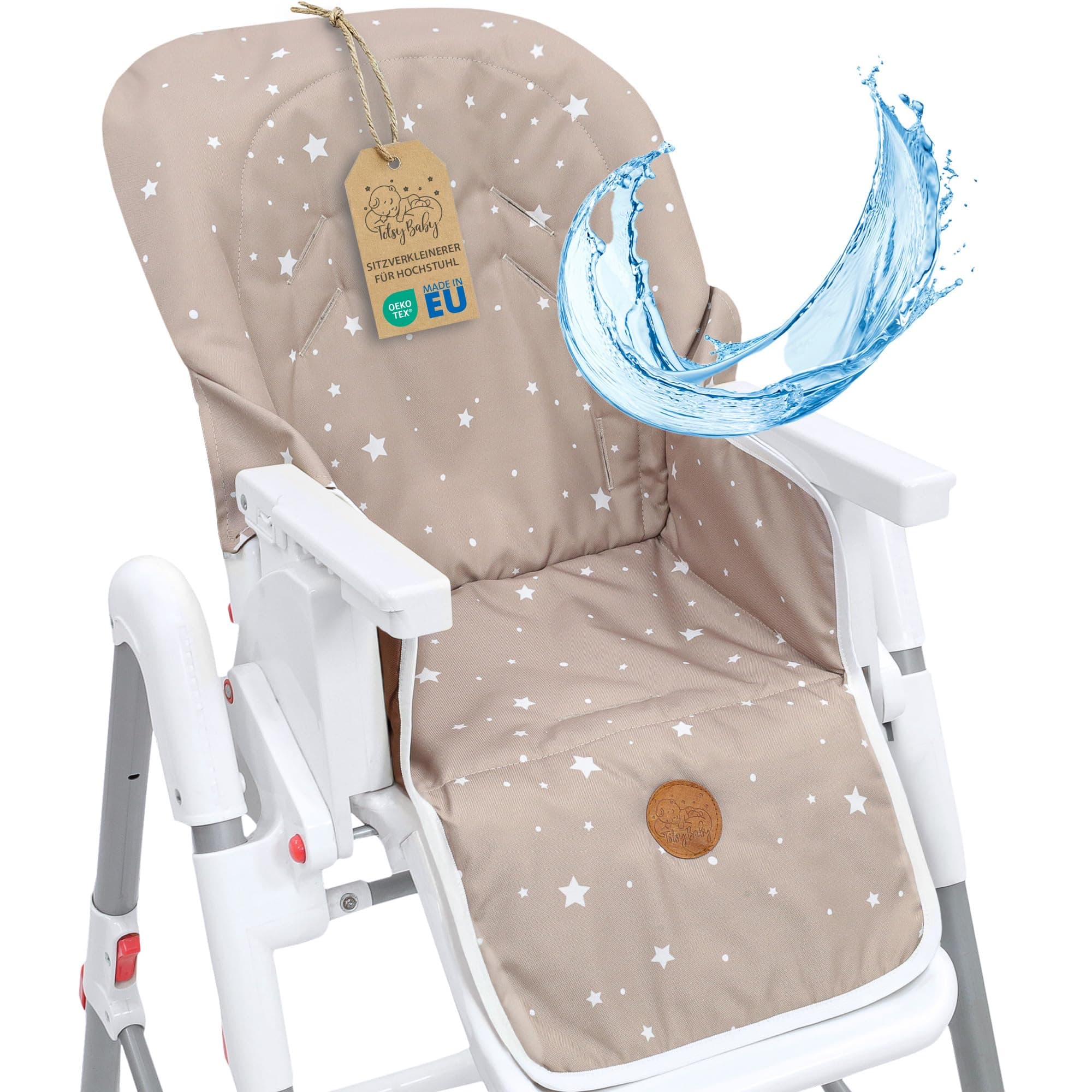 Funda trona universal - cojin para de tronas fundo silla para niños y niñas comer Cojín para silla infantil con revestimiento impermeable y estable certificado Oeko-Tex Beige con estrellas blancas