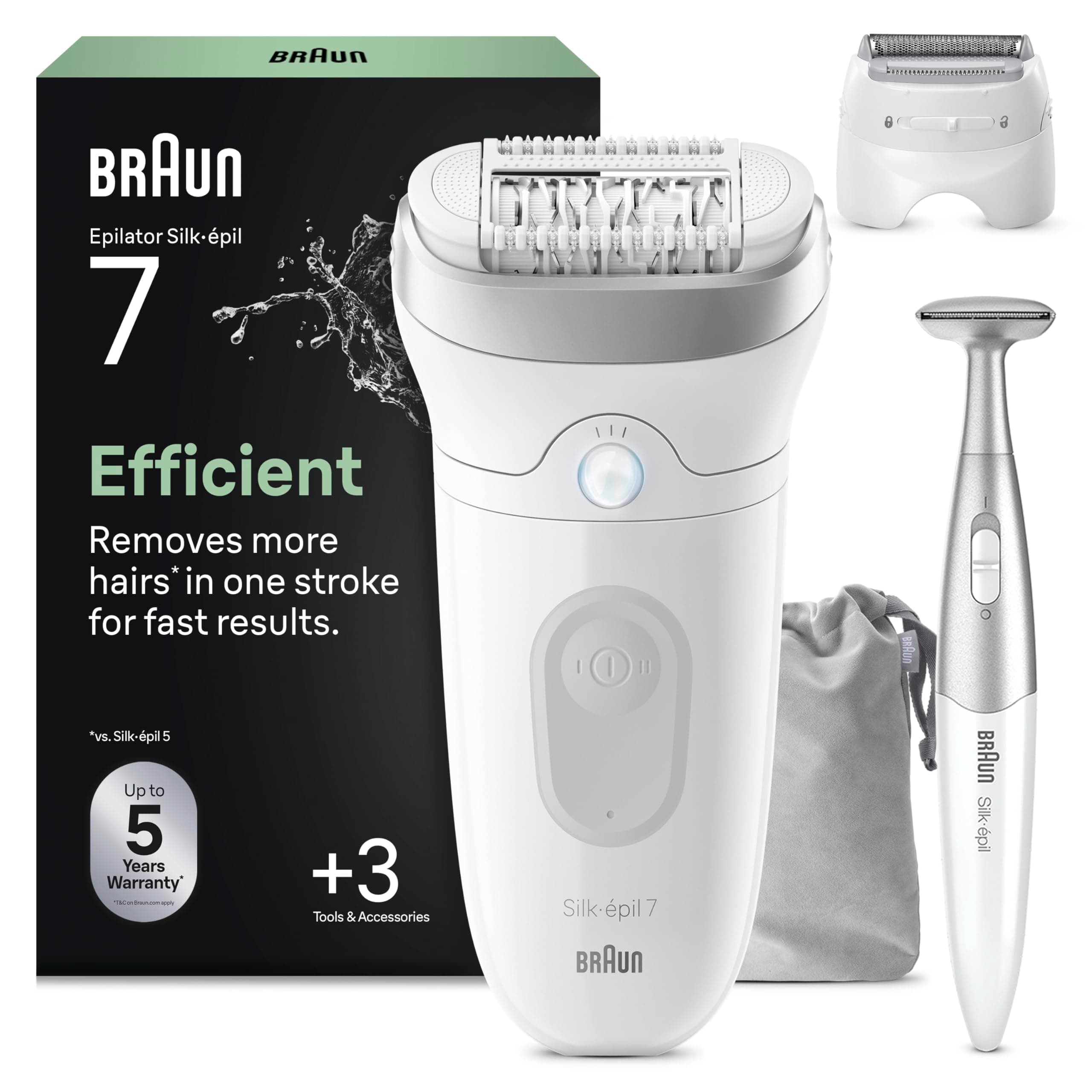 Braun Silk Epil 7 Epilatore Elettrico Donna Con Testina Ampia Per Una Facile Rimozione Dei Peli, Wet&Dry, Pelle Liscia, Include Testina Radente, Cappuccio Regolatore E Rifinitore Bikini, 7-241,Argento
