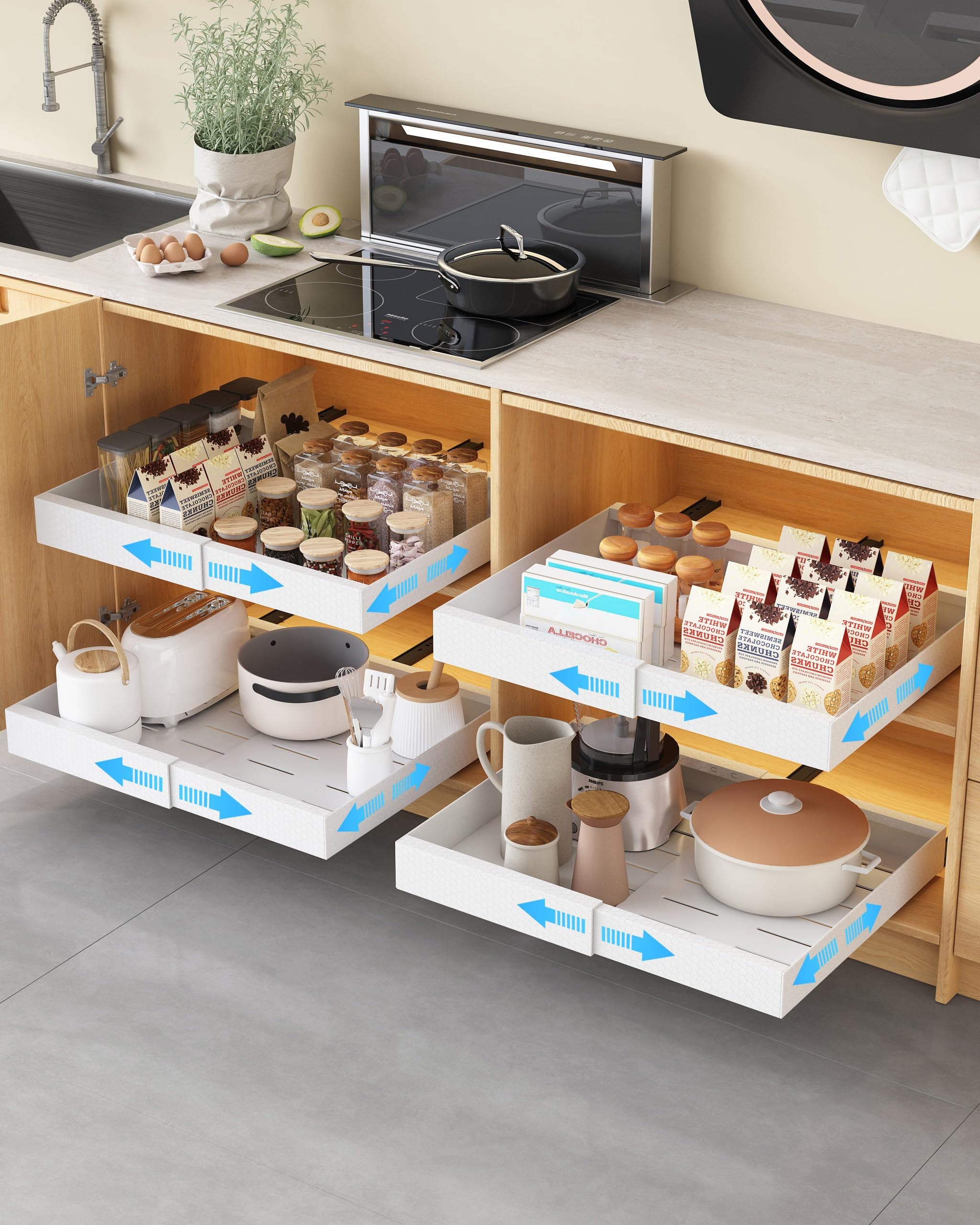 UMDONX Lot de 4 Tiroir Coulissant Cuisine Adhésif Rangement Placard - Tiroir Télescopique Extensible,largeur réglable de 30.5 à 51.5,Profondeur 42CM,Blanc