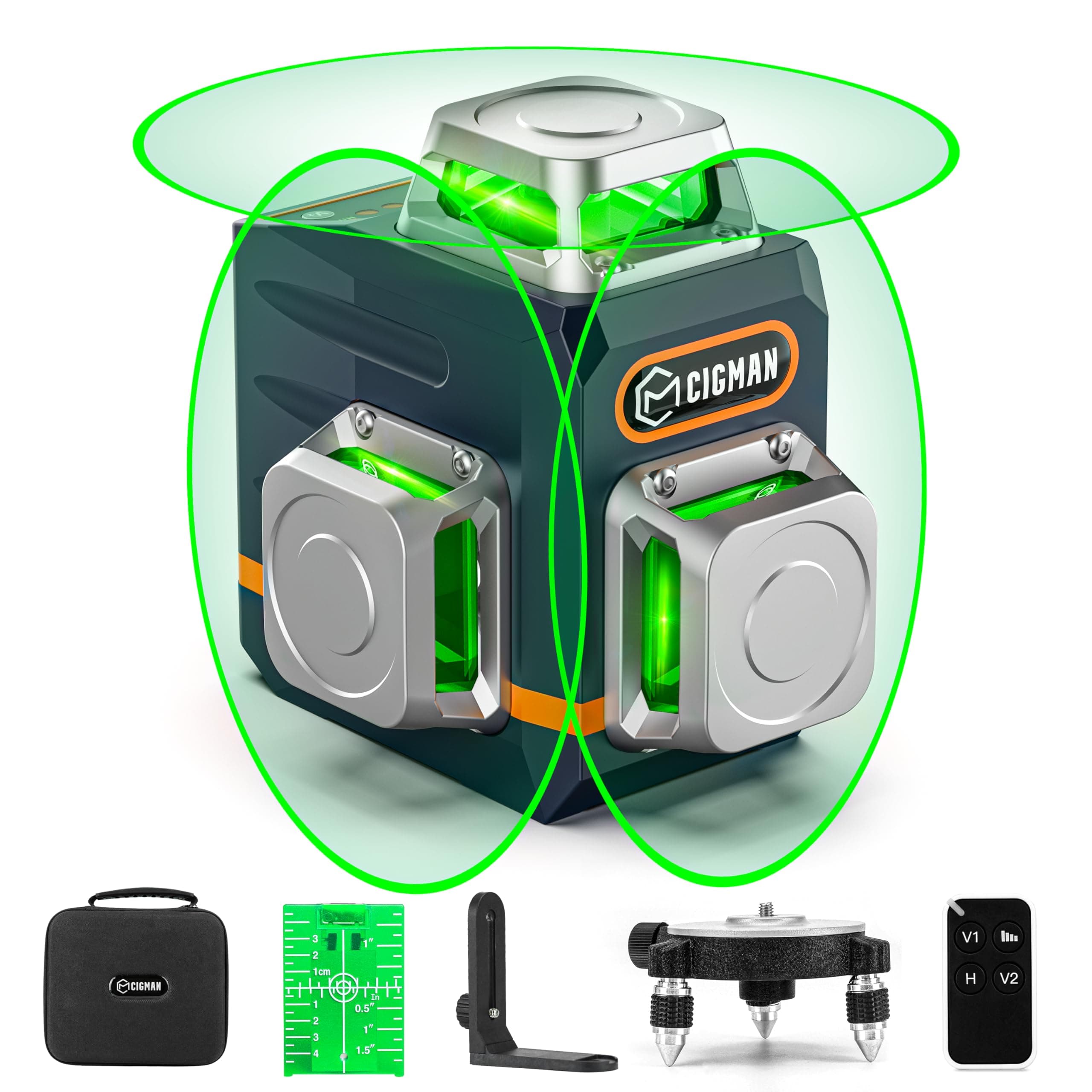 CIGMAN CM701 Nivel Láser de Línea, Autonivelante 360 Grados, 3x360°, 3D Nivelador, 30M Alcance, Con Control Remoto, Doble Soporte, Estuche acolchado, Batería Recargable, IP54