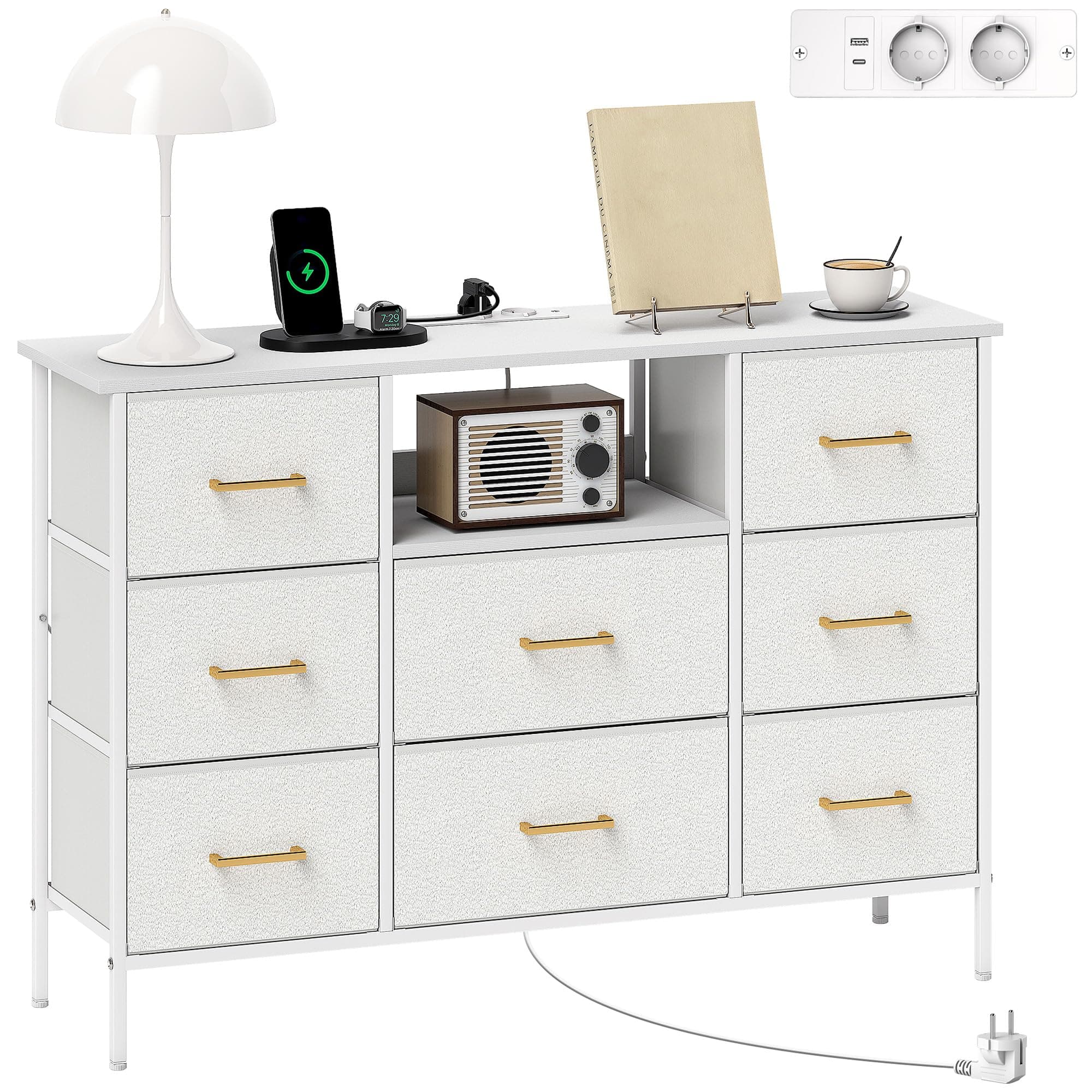HOMCOM Commode 8 Tiroirs en Tissu Bouclette avec Prises de Courant Crème | Meuble de Rangement, Port USB et TYPE-C, Design Moderne, Structure en Acier, Chiffonnier pour Salon Chambre Entrée