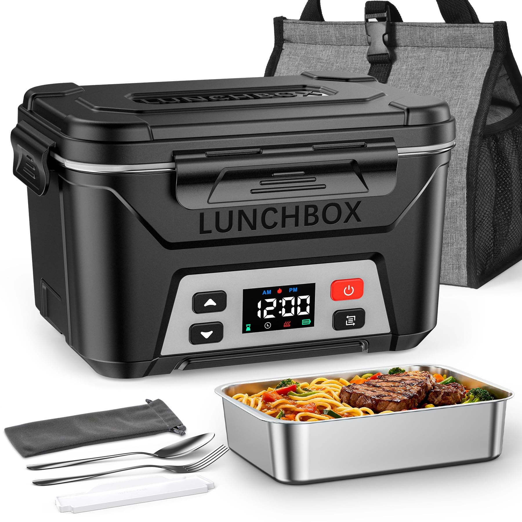 Docusvect Gamelle chauffante batterie, Lunch box chauffante rechargeable avec Chauffage Programmable, Chauffe plat électrique 1,3 L, réchauffe plat avec séparateurs amovibles et sac isotherme