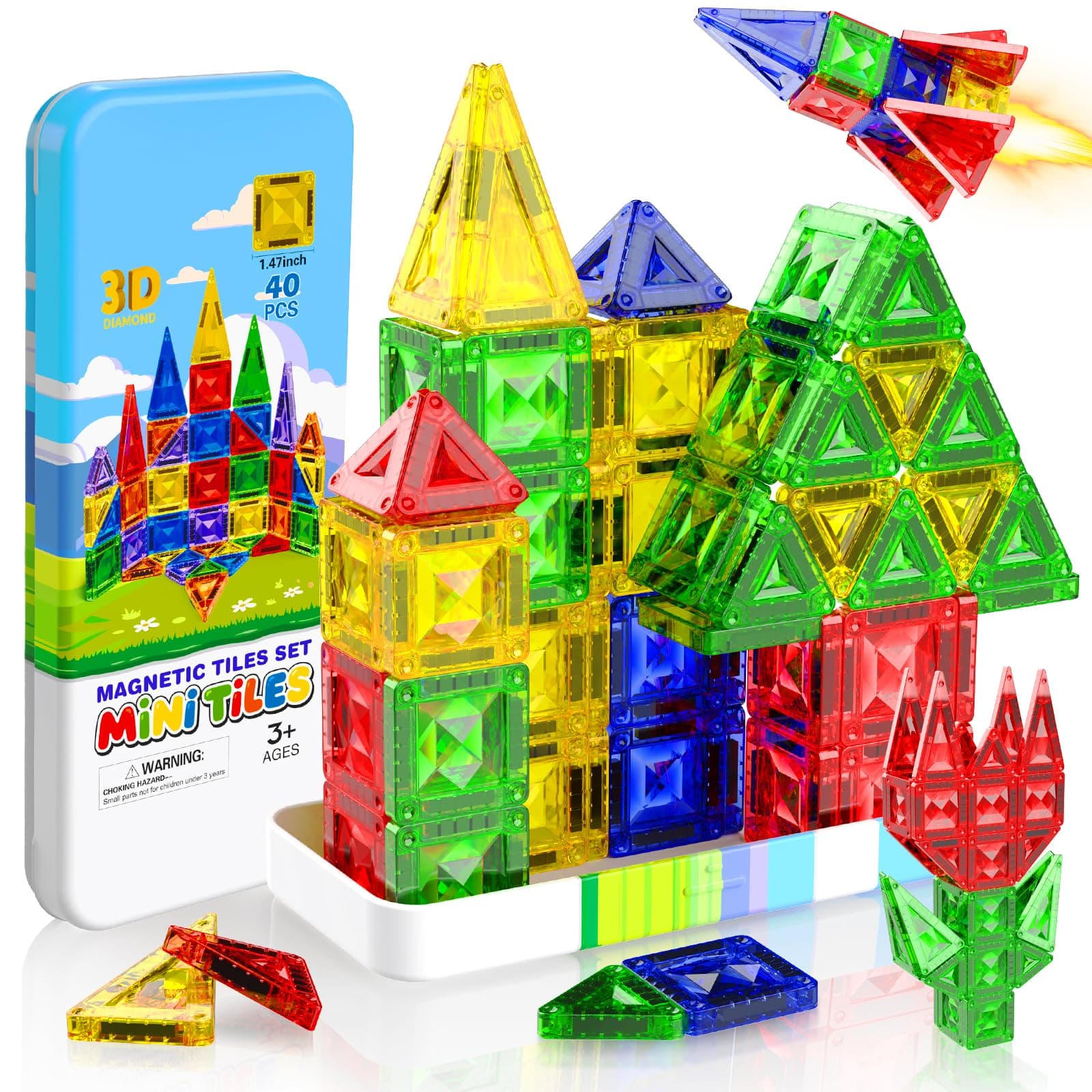 Magnetopia Mini Magnetic Tiles 40 Piezas Set de Viaje - Caja Metálica Portátil con Animales y Vehículos, Juguete Magnético Creativo para Niños de 3 a 8 Años, Aprendizaje Stem