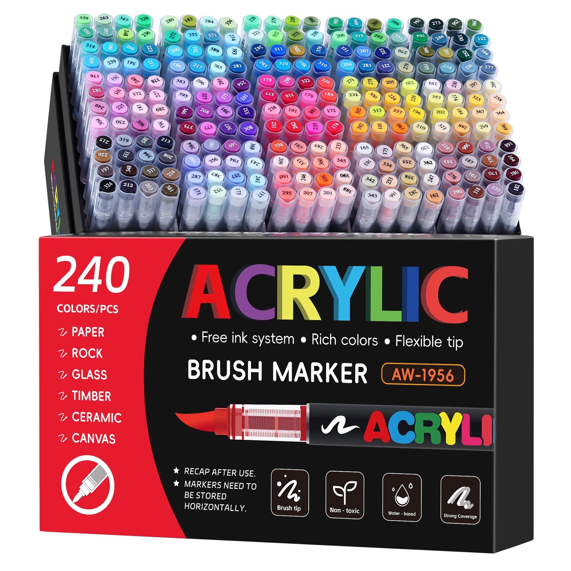 Tongfushop 240 Colores Rotuladores Acrilicos, Marcadores Acrilicos Punta Pincel, Rotuladores de Pintura Acrílica para Adultos, Acrylic Markers para Pintar, Roca, Cristal,Cerámica, Plastico, Tela Metal