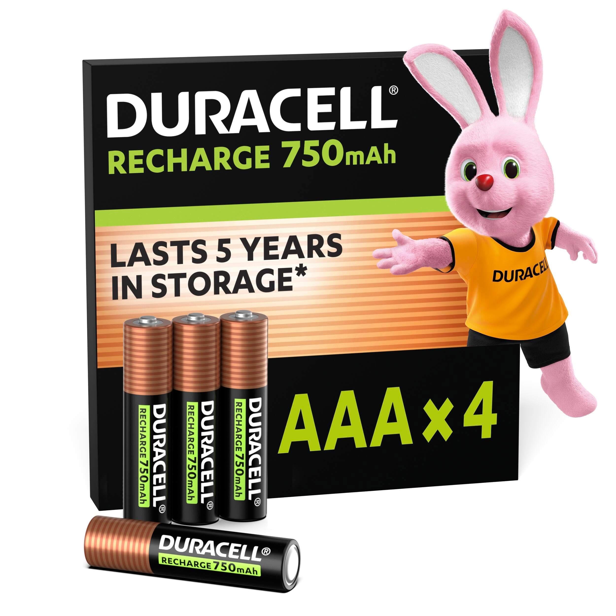Duracell Rechargeables Piles AAA (lot de 4), 750 mAh NiMH, 1000 recharges, pré-chargées, Puissance longue durée, un packaging recyclable 0% plastique