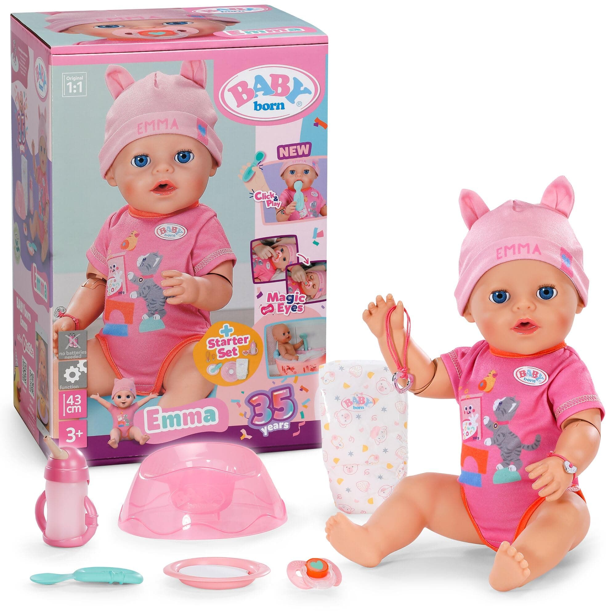 BABY born Emma 43 cm Click & Play con 10 funzioni | 8 accessori inclusi, funziona senza batterie, braccia snodabili, da 3 anni
