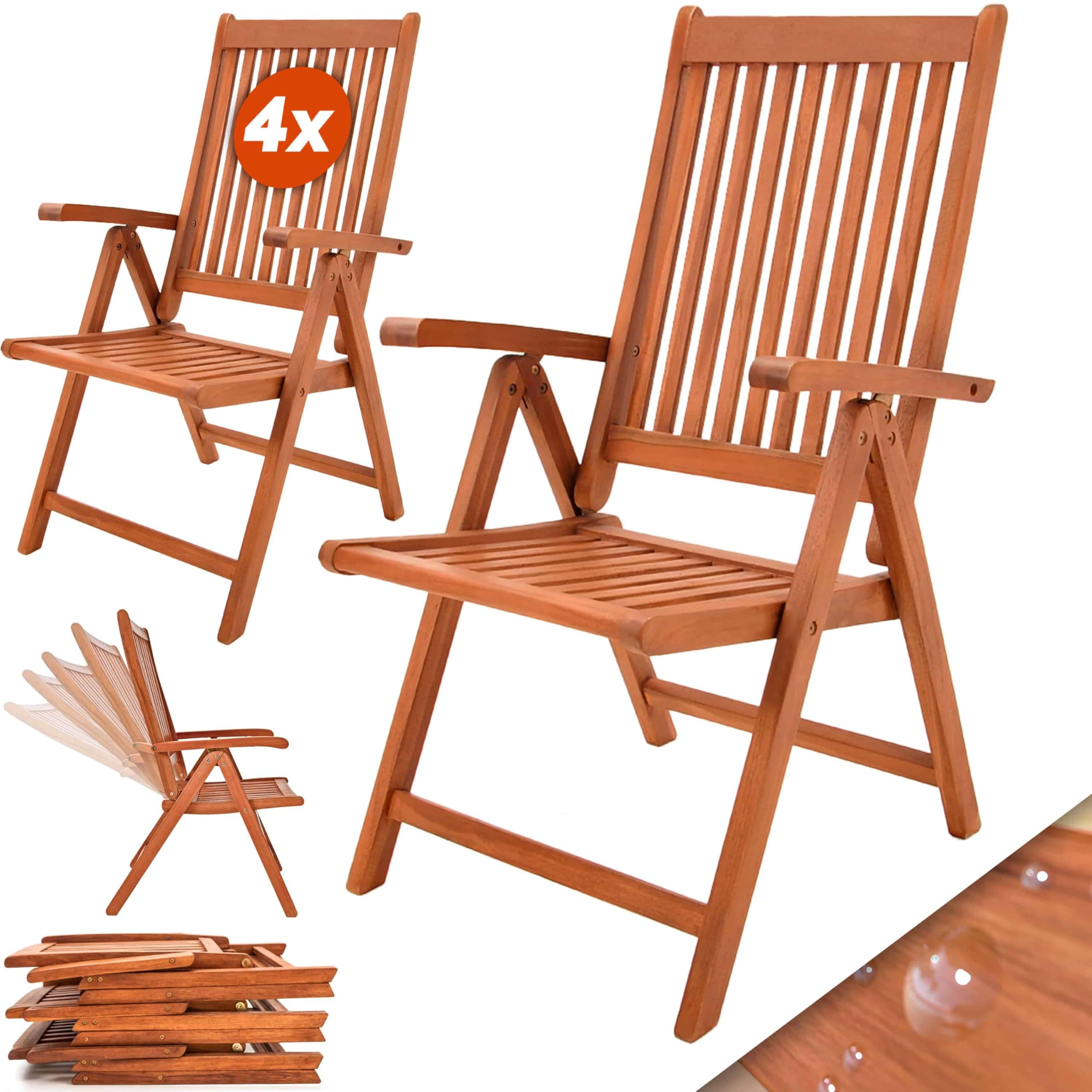 Casaria® Set 4x Sillas de Jardín Exterior Plegables Madera Eucalipto Certificada FSC® Asiento Respaldo Regulable Apoyabrazos Mobiliario Apilable Invernadero Balcón Terraza Patio Camping 55x70cm Marrón