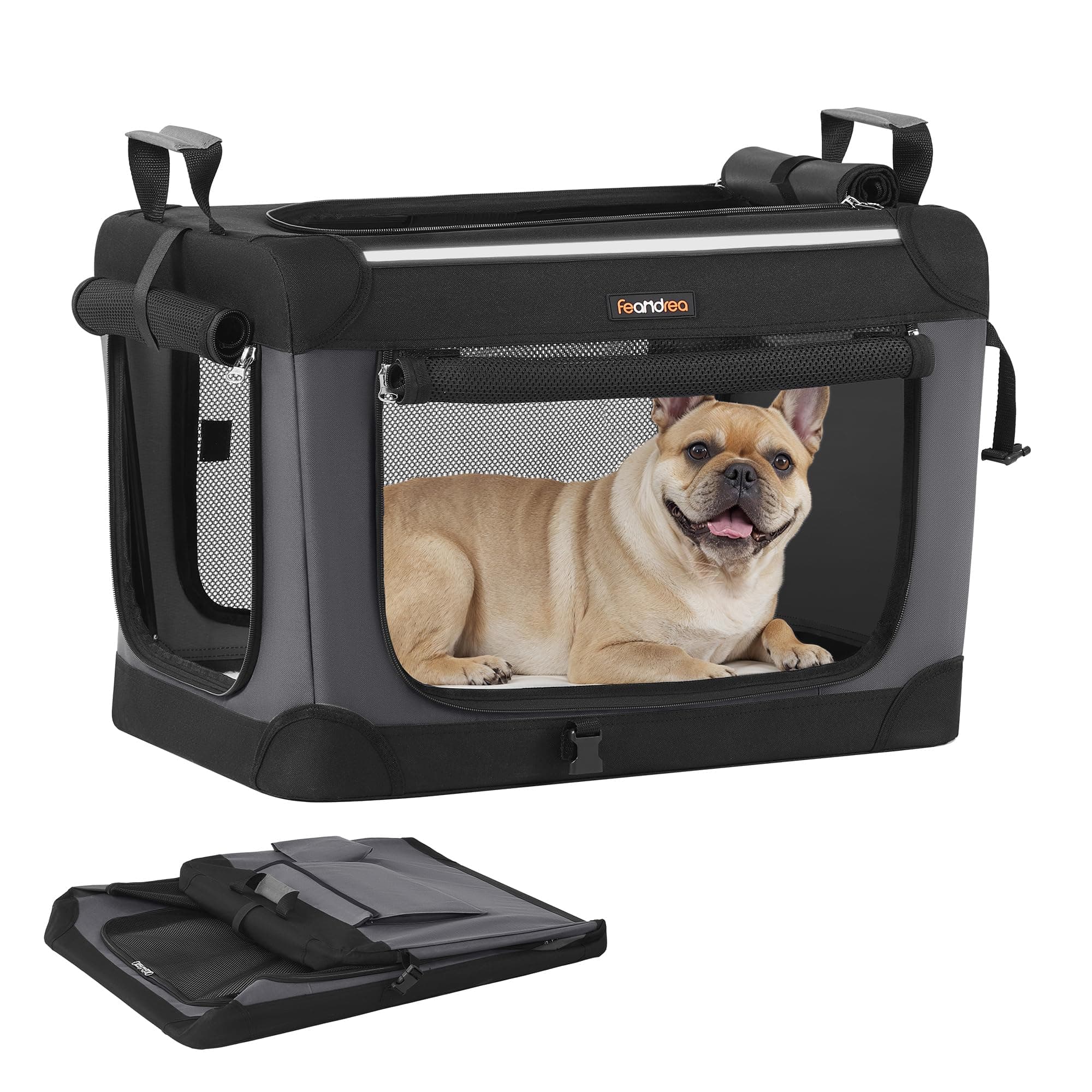 Feandrea Transportín para Perros, Plegable, 60 x 42 x 42 cm, para Perros Pequeños, Tela Oxford, Puertas de Malla, Asas y Bolsillo de Almacenamiento, Negro Tinta PDC016B01