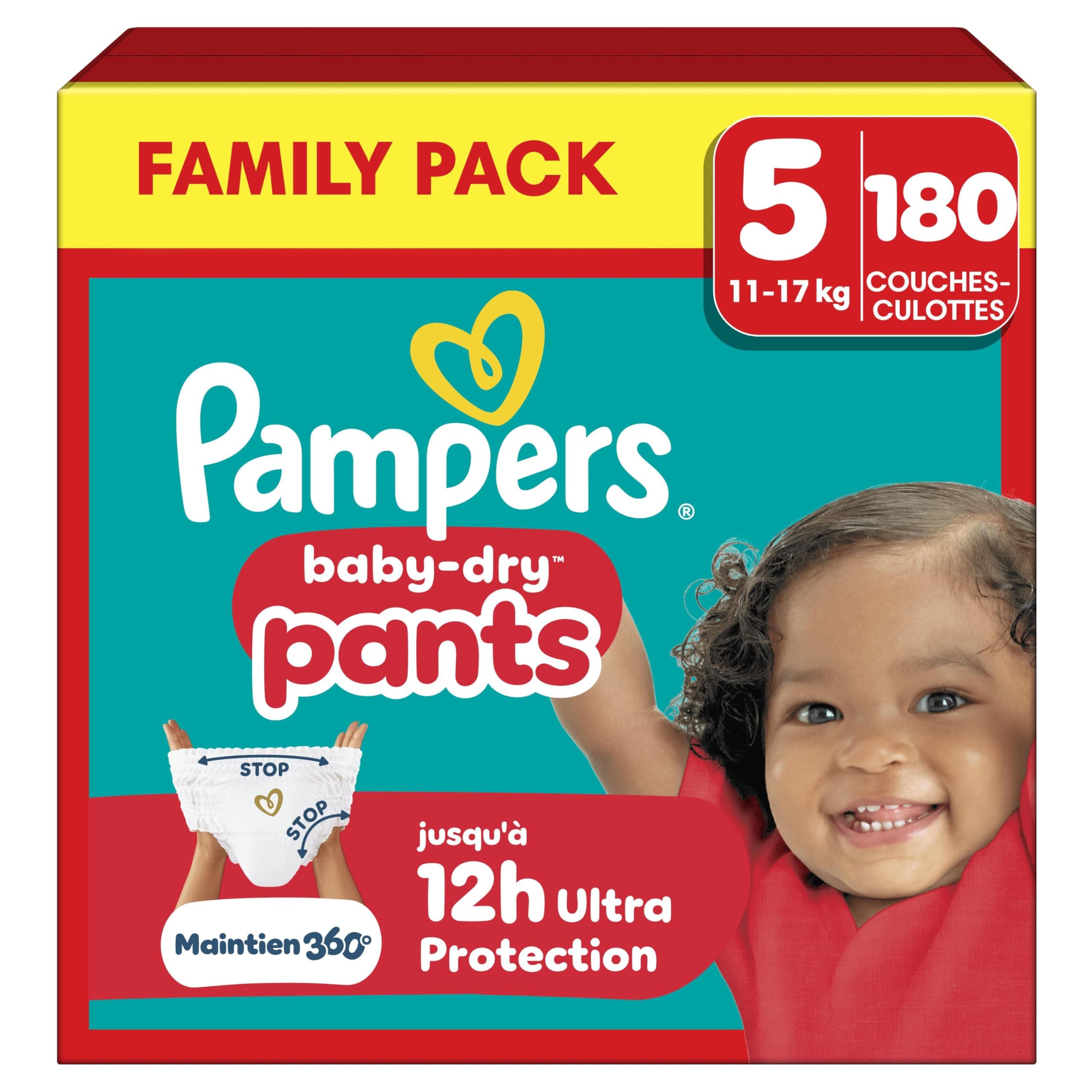 Pampers Baby-Dry Pants Taille 5, 180 Couches-Culottes, 11kg-17kg, Protection 360° contre les fuites jour et nuit, Family Pack