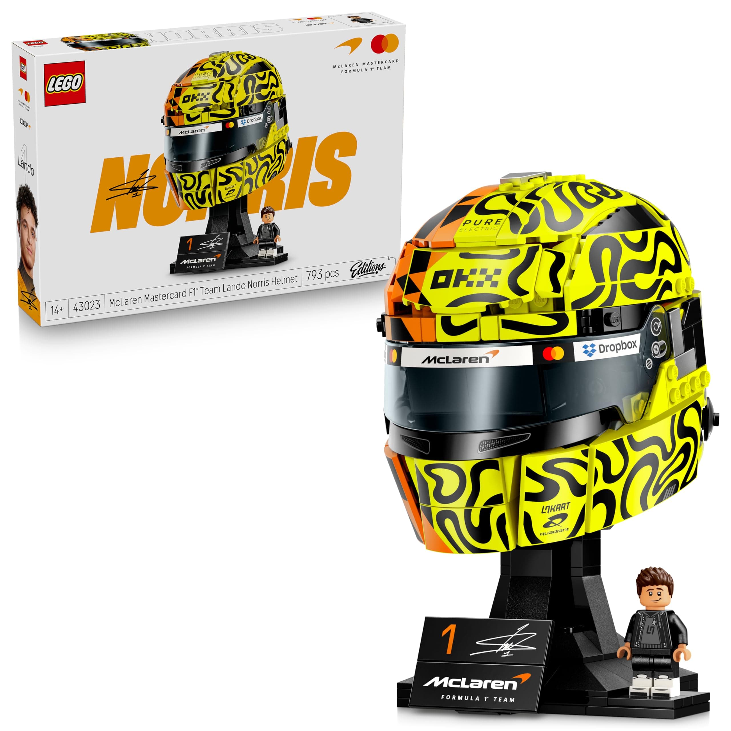 LEGO Editions McLaren MasterCard F1 Team Casque de Lando Norris - Objet Formule 1 - Maquette avec Minifigurine Collector - Cadeau dès 14 Ans pour Garçon, Fille ou Adulte Fan de Sport Automobile 43023