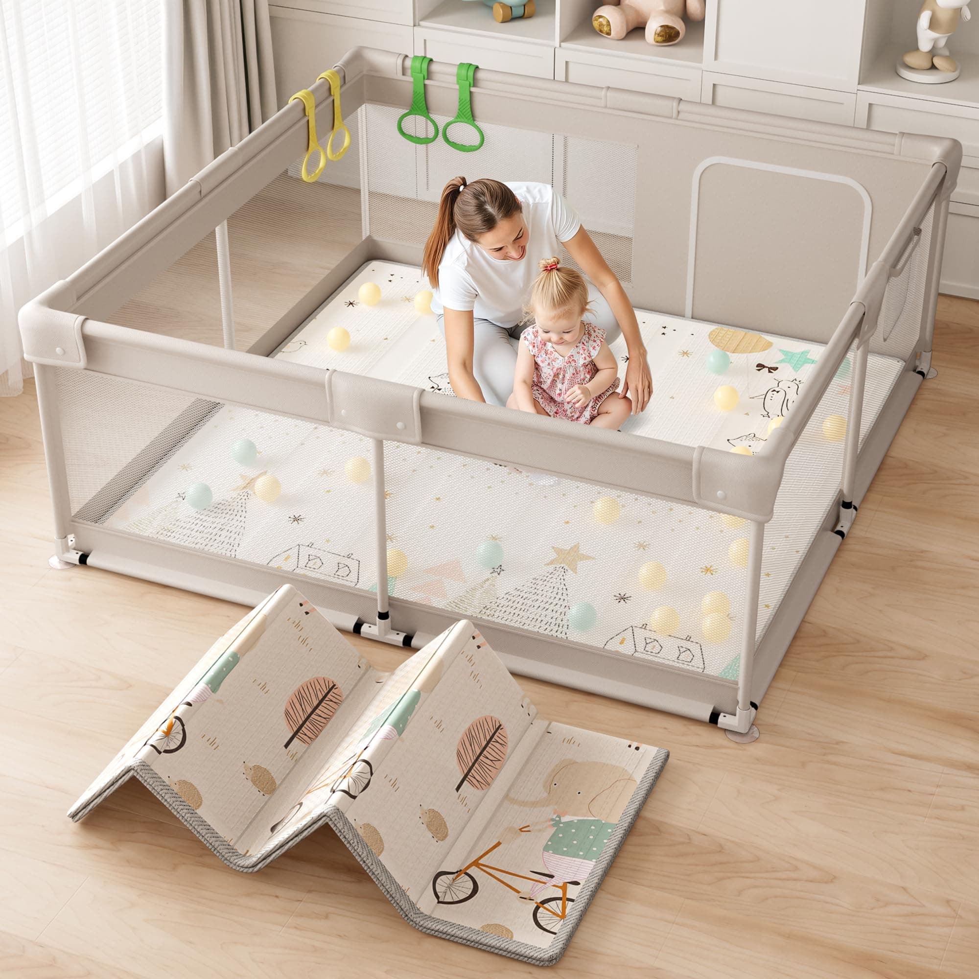 Lertantri 150×150×68cm Parc Bebe avec Tapis, Parc Enfant, Parc Bébé en Tissu Oxford, Parc pour Bebe xxl avec Barrières, Parc De Jeux Bébé avec Filet Respirant Sur Quatre Côtés et Ventouses