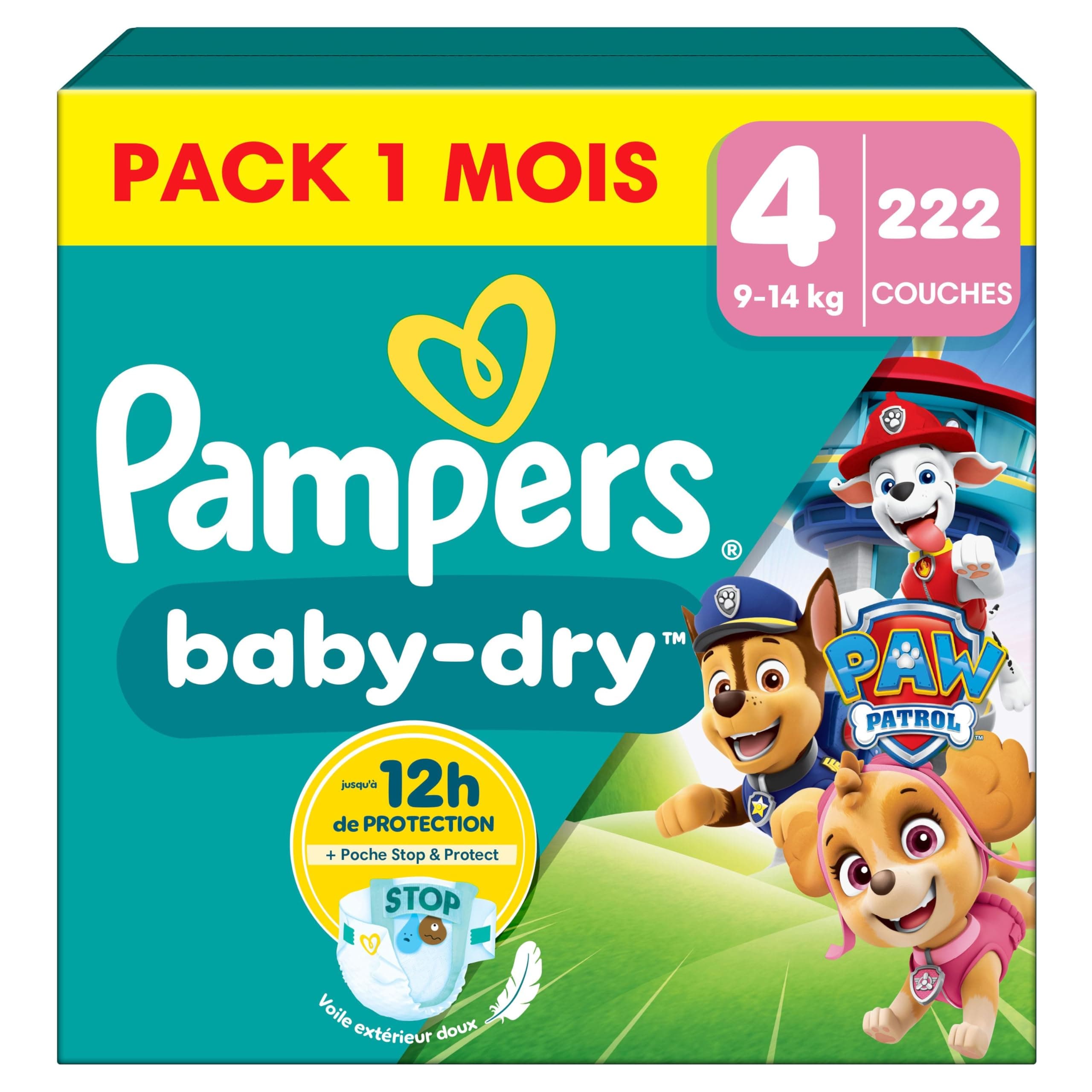 Pampers Baby-Dry, Taille 4, 222 Couches, 9-14kg, A La Rescousse Contre Les Fuites Grâce A Une Protection Intégrale Jusqu'à 12h, Edition Limitée avec La Pat’Patrouille, Pack 1 Mois