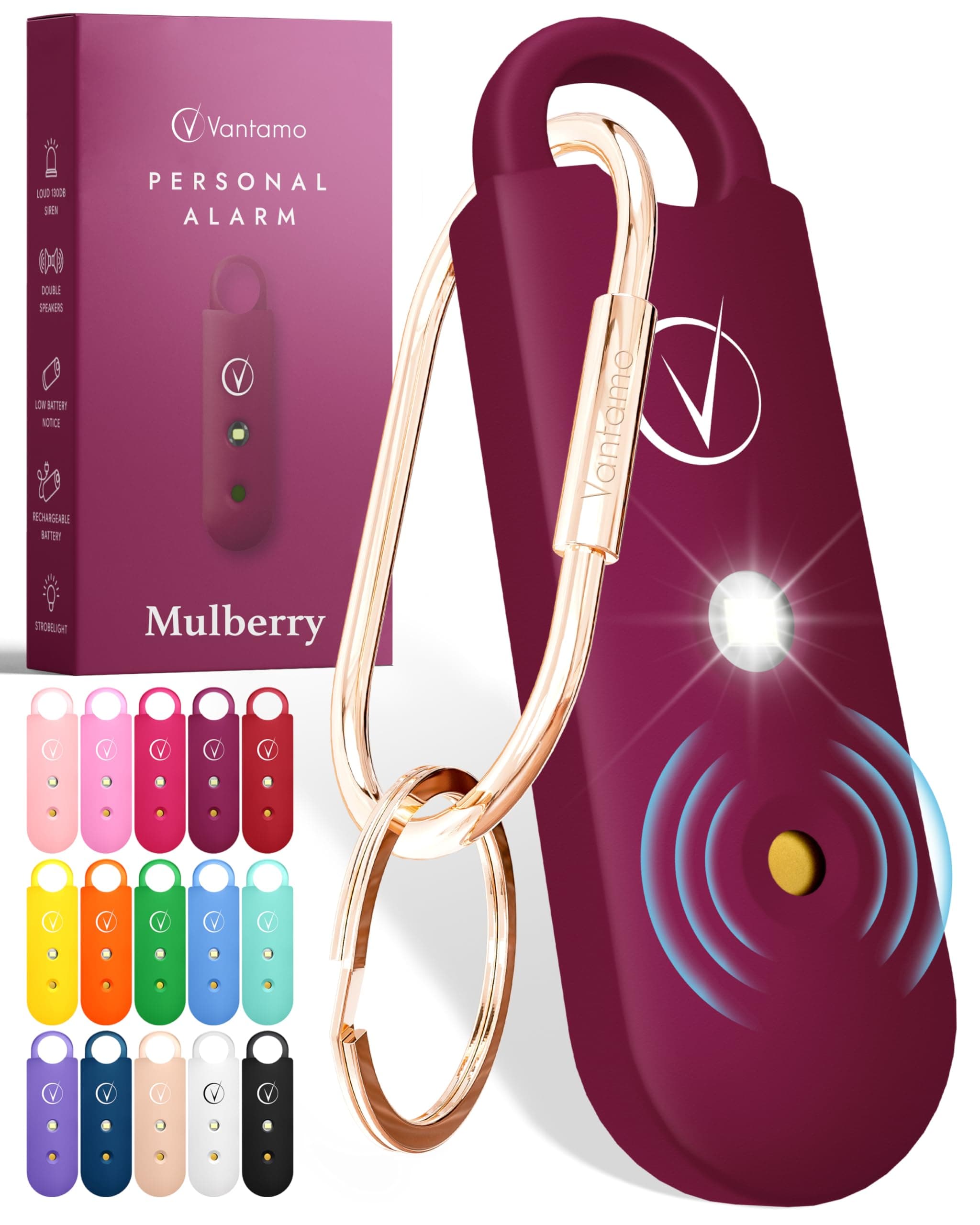 Vantamo Alarma Personal para Mujeres 130dB con Doble Altavoz, Luz Estroboscópica Potente e Indicador De Batería Baja, Llaveros Dispositivo de Autodefensa Personal Compacto