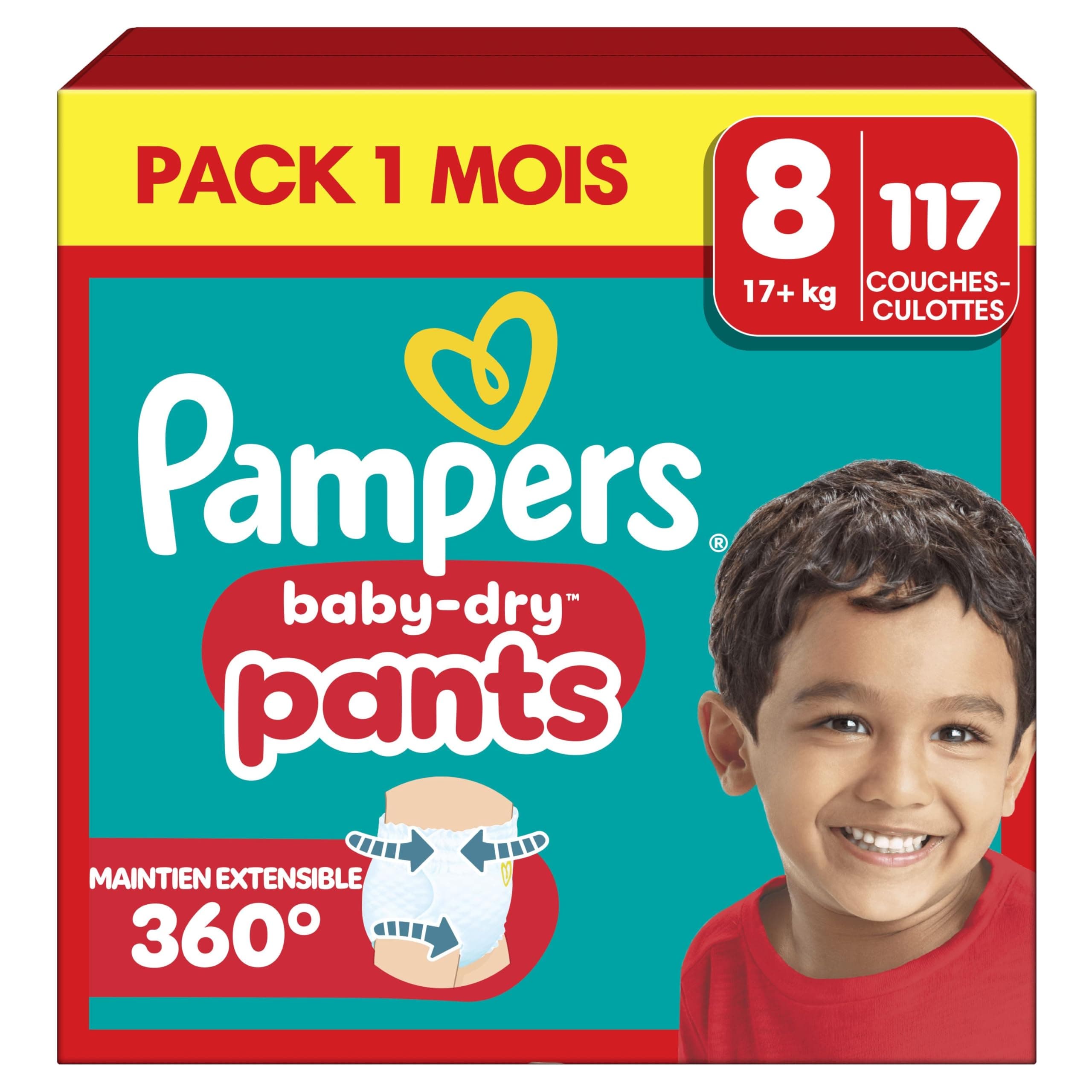 Pampers Baby-Dry Pants, Taille 8, 117 Couches-Culottes, 19kg+, Maintien 360° Contre Les Fuites Pour Un Ajustement Optimal Pour Éviter Les Bâillements Et Les Fuites, Pack 1 Mois