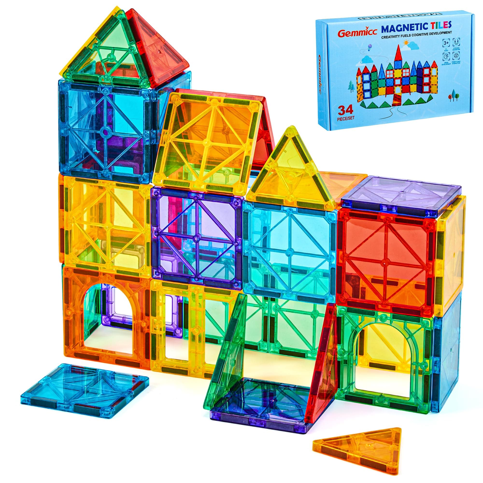 Gemmicc Tuiles Magnétiques, Blocs de Construction Magnétiques 34 Pièces pour Enfants, Jeux Éducatifs Certifiés STEM, Jeux Sensoriels Montessori pour Filles et Garçons 3-9 Ans