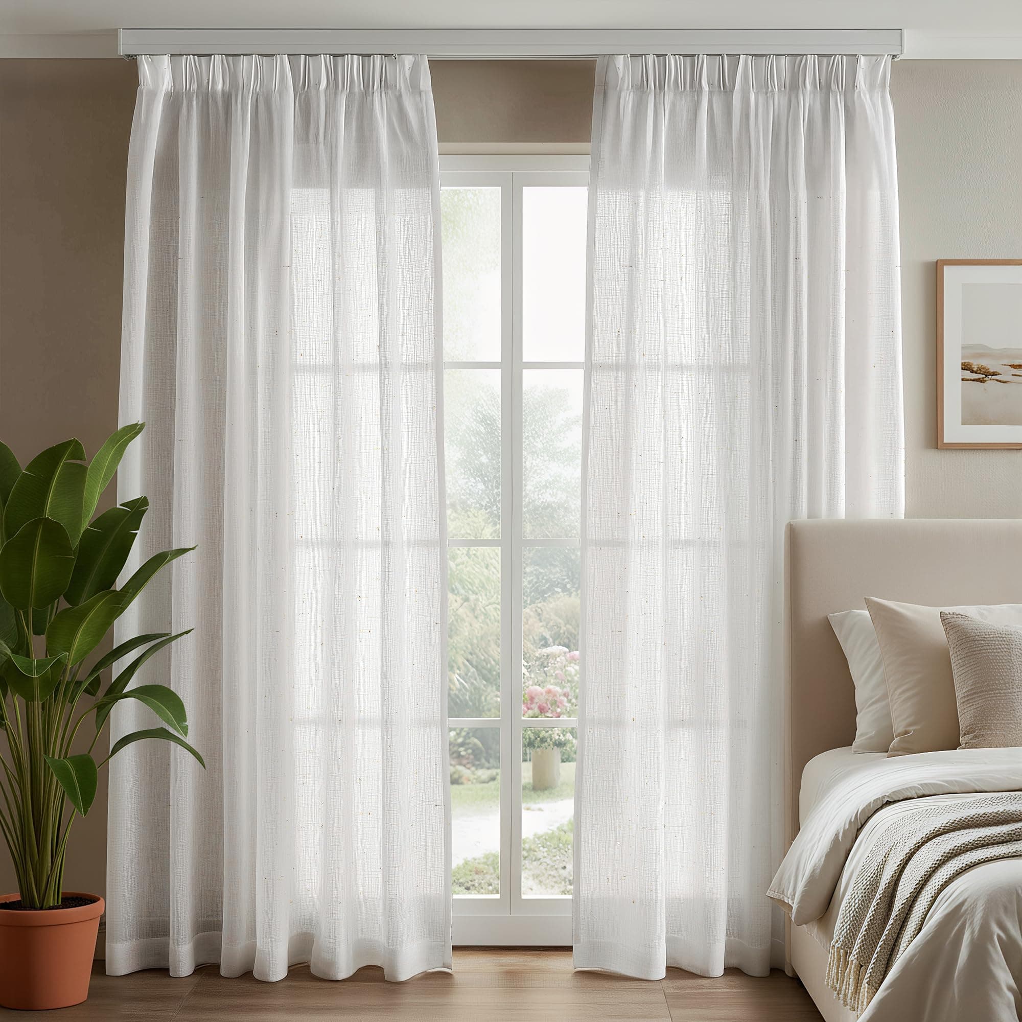 Deconovo Tende per Interni in Lino, 2 Pannelli 140x225 cm,Bianco Ottico | Semitrasparenti, Moderne ed Elegante, in Tessuto 10% Lino, con Fettuccia, per Soggiorno, Camera da Letto e Porta Finestra