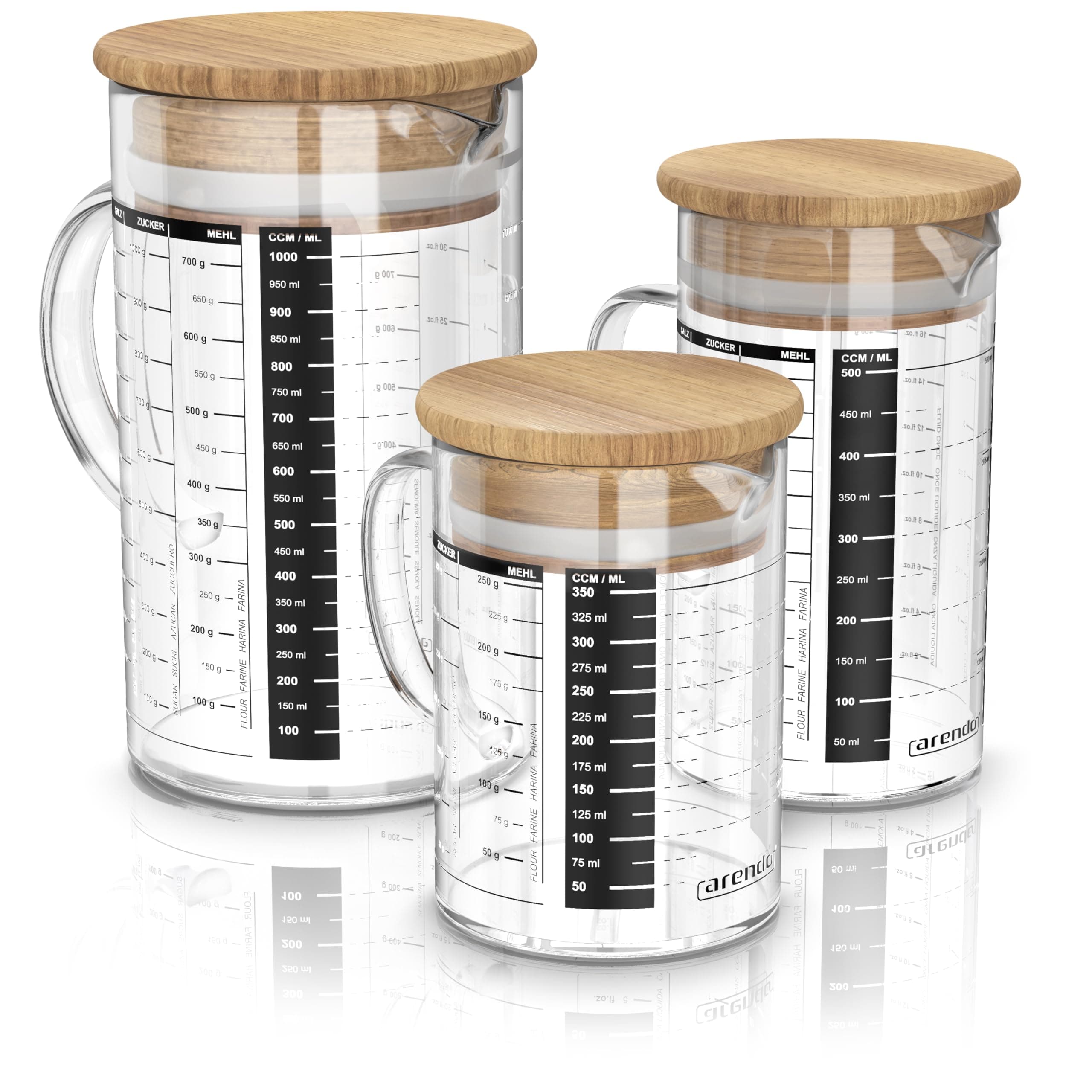 Arendo - Messbecher Set aus Glas - Größen 350ml, 500ml, 1000ml (0,35l 0,5l 1l) – Messkrug Glas Krug – Borosilikatglas – präzise Skala – hitzebeständig – Glasbehälter mit Bambusdeckel - Silikondichtung