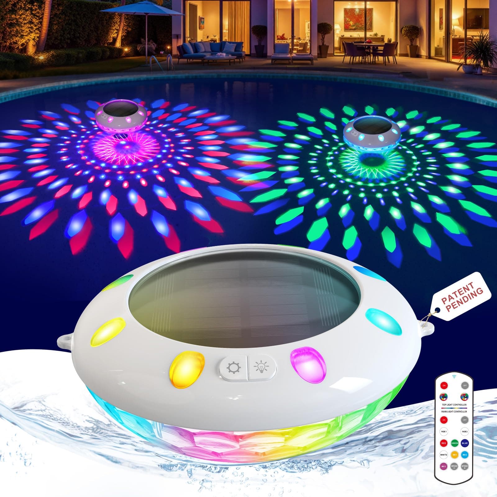 AearKing Lumière Piscine Flottante avec Télécommande, Lampe Piscine Solaire de Couleur Supérieur et Inférieur, Lumiere Piscine LED avec Dynamiques RVB, Lampe Piscine Flottante Étanche IP68-1 Pièce