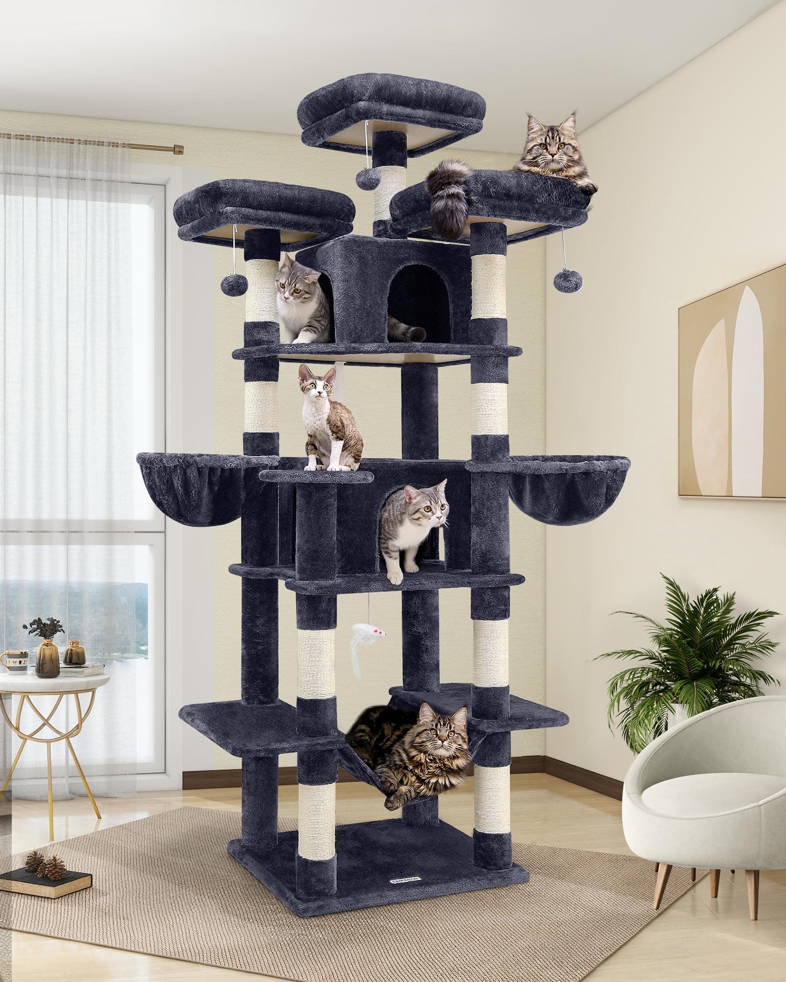 Globlazer Arbol Gato XXL para 3-5 Gatos, Arbol Gato Alto 204 cm con 3 Perchas Acolchadas, 2 Nidos, 2 Cesta, Hamaca, Árbol Rascador para Múltiple Gatos Descansar Jugar Interior (F80, Gris Oscuro)