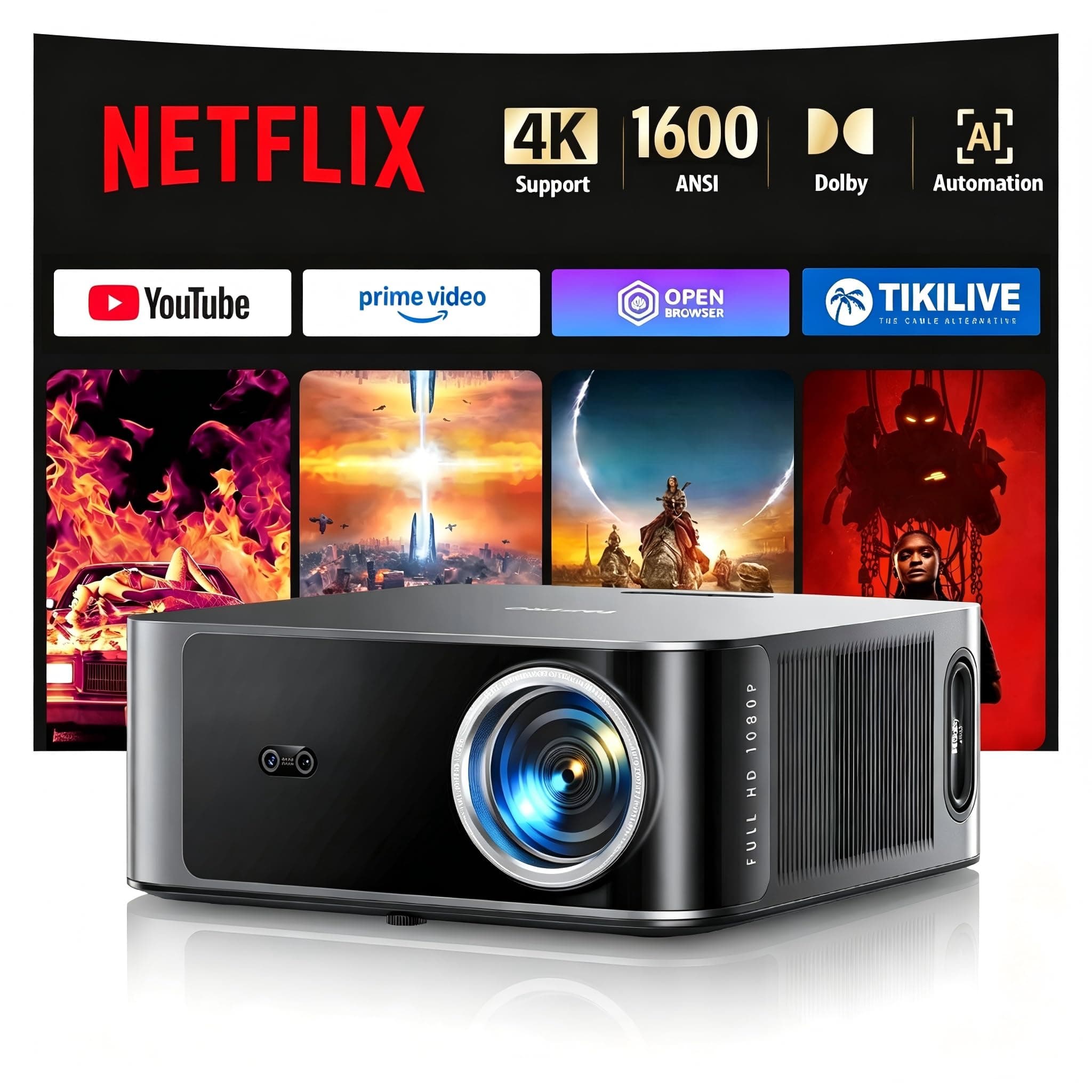 【1600 ANSI/Compatible Netflix】Vidéoprojecteur 4K Dolby 36W, AI Auto Focus/Keystone TOPTRO Projecteur Video WiFi6 Bluetooth FHD 1080P, 2*18W Haut-Parleurs Rétroprojecteur 4K Home Cinéma Extérieur/PS5