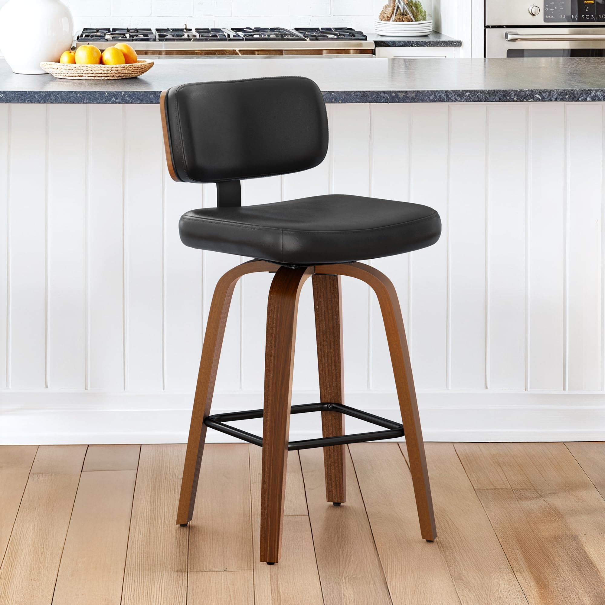 LUE BONA Tabouret Bar,Tabourets de Bar,Rotatif sur 360° Chaises de Bar avec Matelassé Simili Cuir,Hauteur 67 cm,Tabouret Bar Bois avec Dossier et Repose-Pieds, pour Cuisine,Bar,Noir