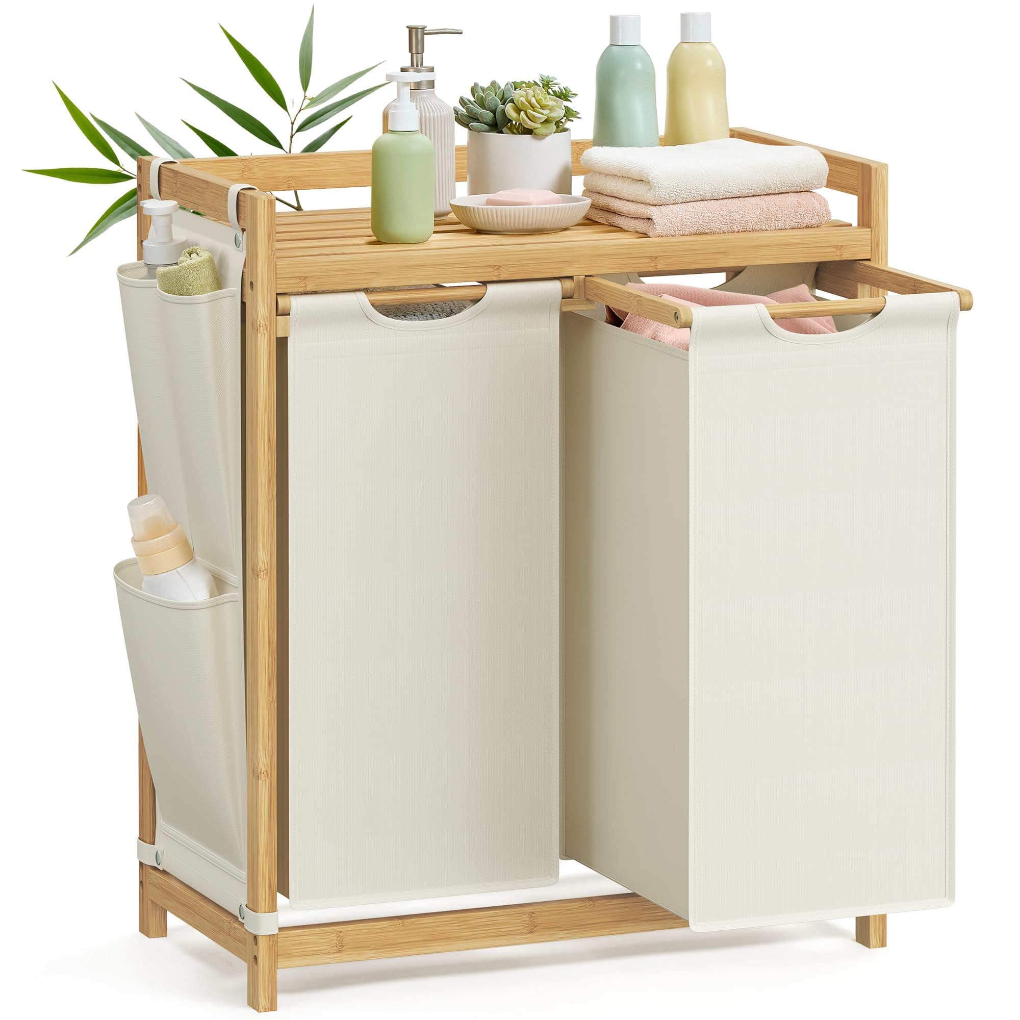 SONGMICS Cesto para Ropa Sucia de Bambú, 2 Compartimentos (100L), con Estante y Bolsas Extraíbles, 63,2 x 33 x 78 cm, para Baño, Blanco Crema RLH100W01