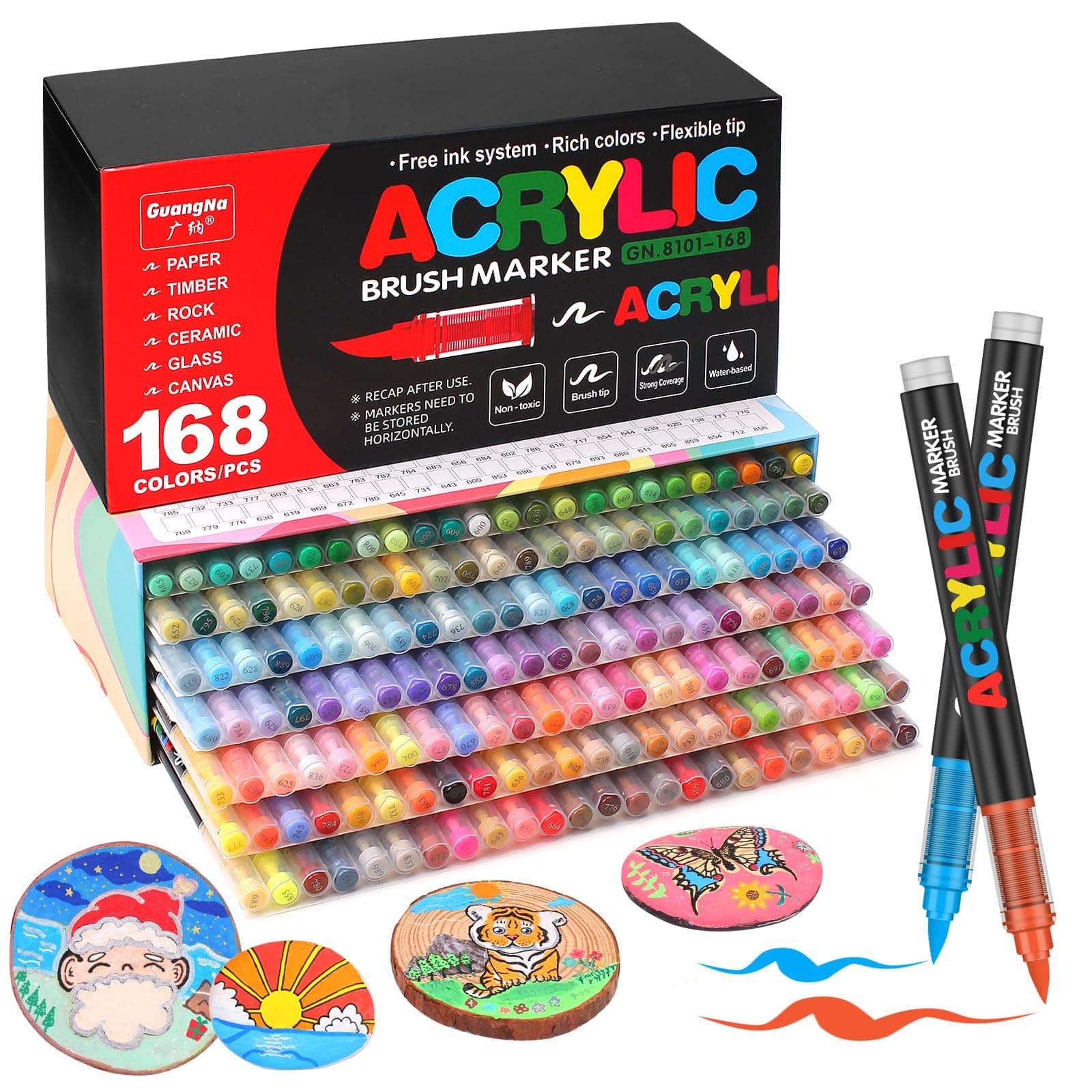 Laconile 168 Couleurs Feutre Acrylique, Stylos Acryliques à Pointe Pinceau pour le Coloriage Adulte ,Acrylic Paint Markers pour Coloriage, Calligraphie, Bois, Toile, Verre, Céramique
