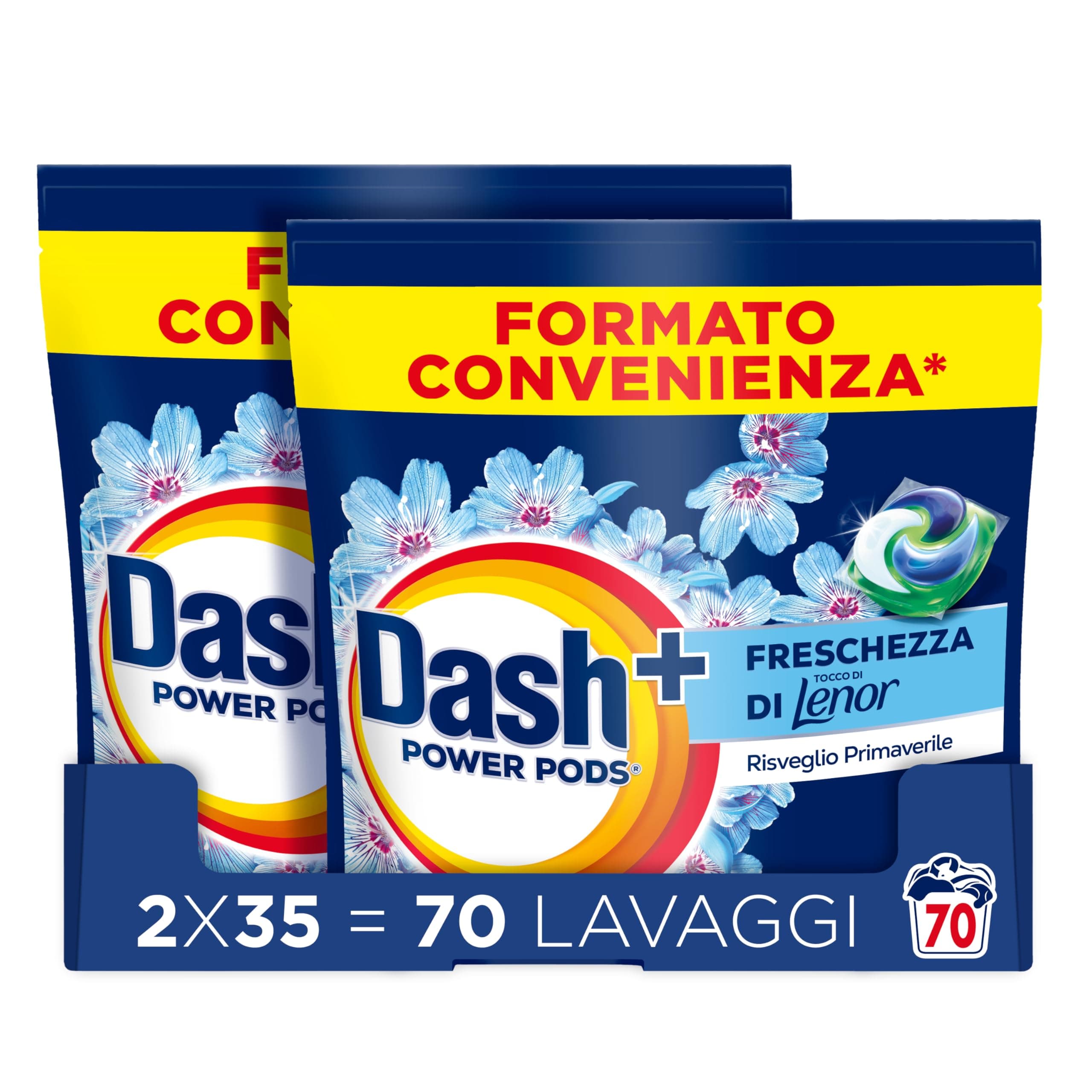 Dash Power Pods Detersivo Lavatrice In Capsule, 70 Lavaggi(2x35), Freschezza Di Lenor, Risveglio Primaverile, rimuove addirittura gli odori di sudore vecchi di 7 giorni, per una pulizia impeccabile