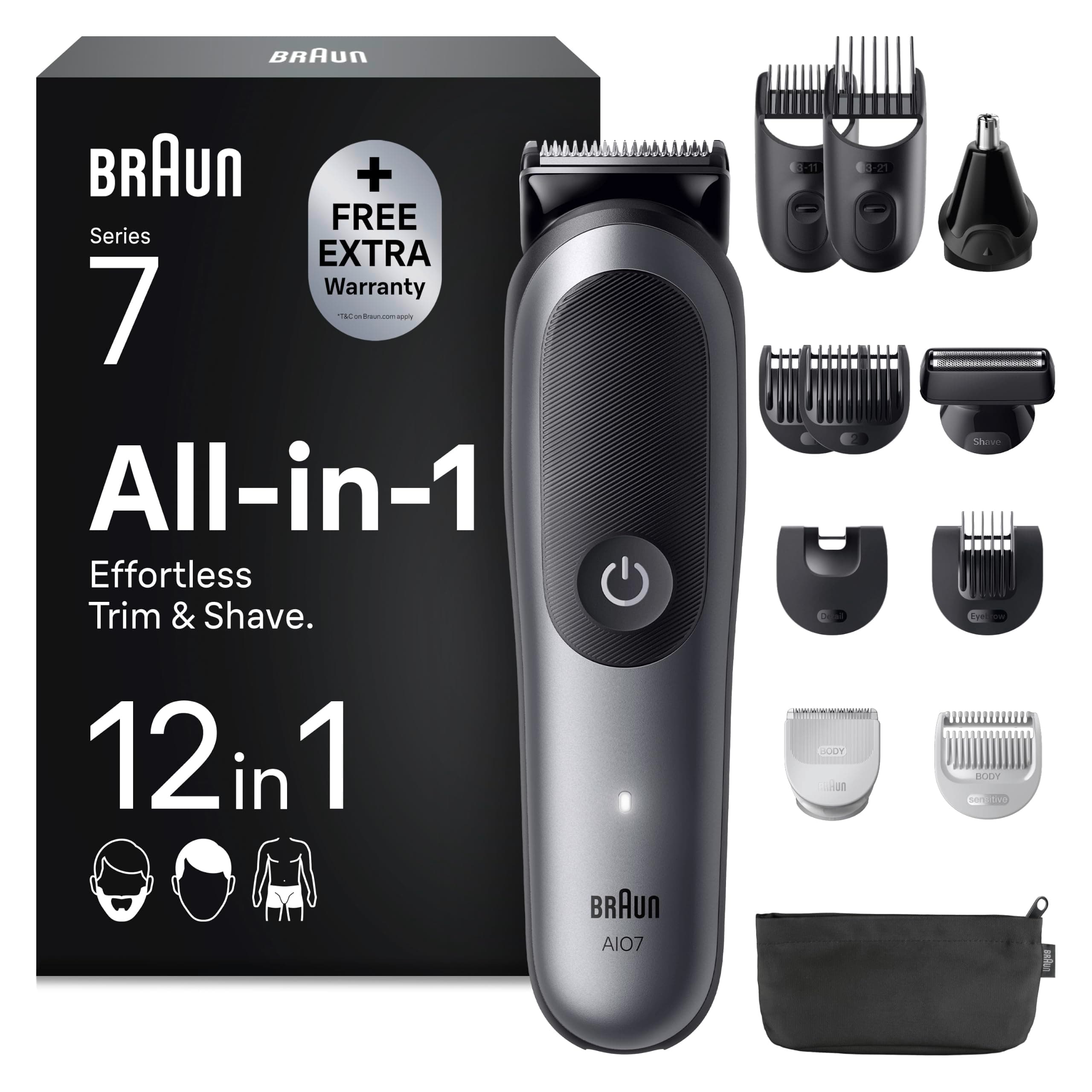 Braun Recortadora Todo En Uno Series 7, AIO7545, Gris | Kit de Styling 12en1 para Barba, Pelo, Orejas, Nariz y Cuerpo, 14 Longitudes,120 Min de Uso, Lámina Ultra Afilada