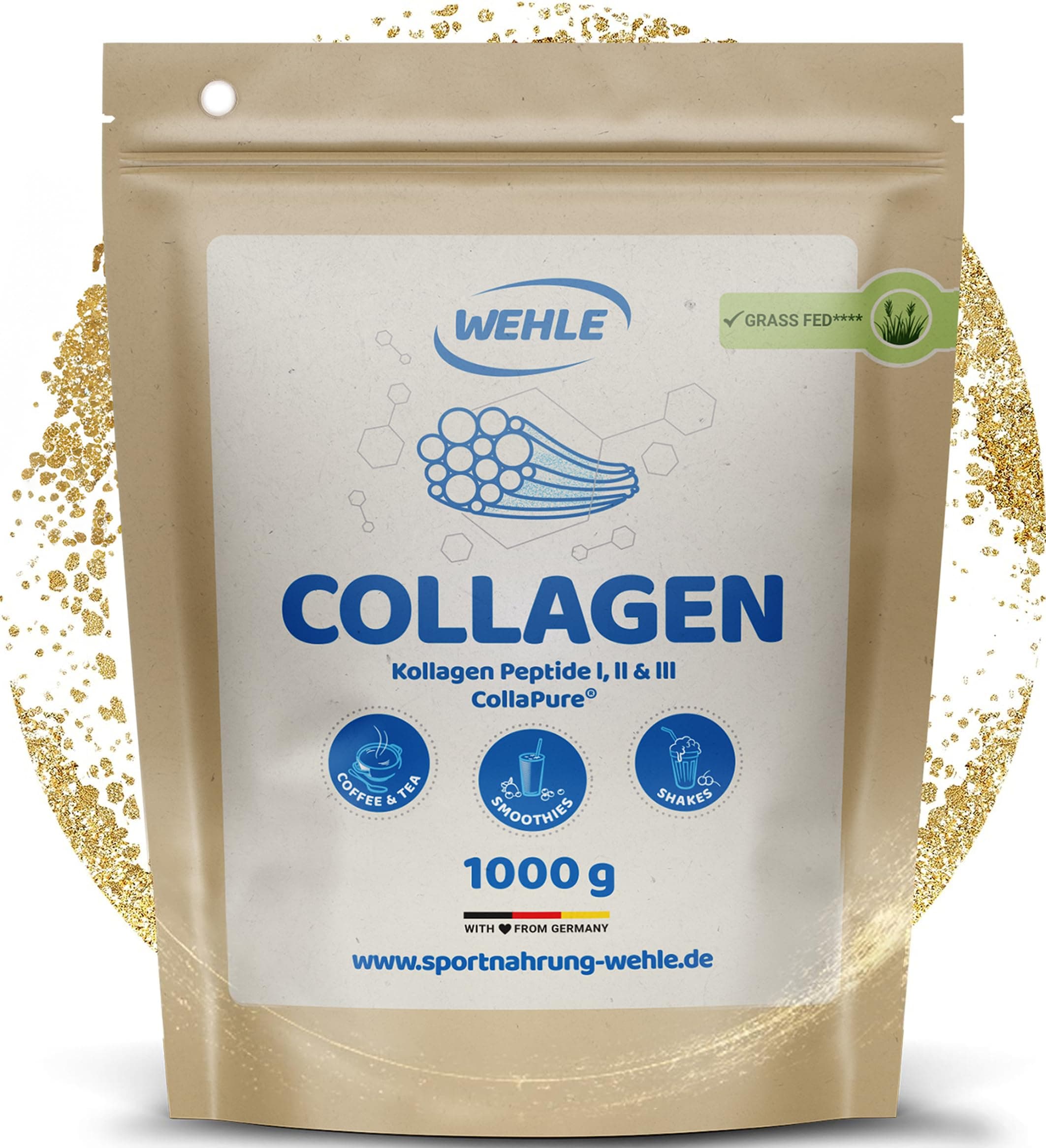 Collagen Pulver 1 kg – Kollagenhydrolysat Peptide Typ I, II & III – Geschmacksneutrales Eiweißpulver – Made in Germany – Wehle Sports (1000g (1er Pack)) - Verpackung kann variieren.