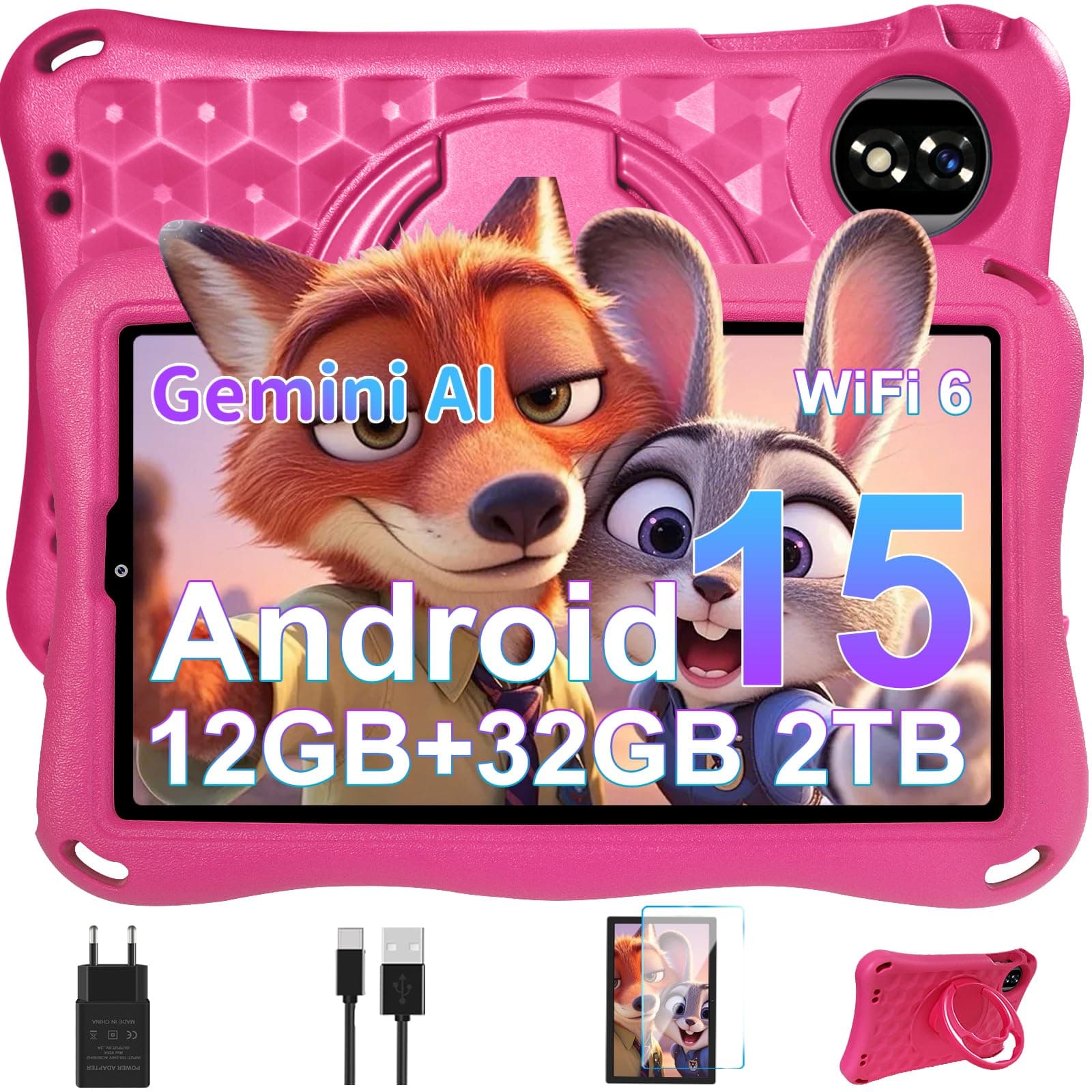 Tablet Para Niños 9 Pulgadas Android 15 Gemini AI, 12GB RAM+32GB ROM(TF 1TB),Octa-Core, 5G WiFi 6, GMS Certified, BT 5.0, 8+5MP, 5000mAh,Widevine L1,BT5.0,Control Parental Tablet con EVA Funda-Rosa
