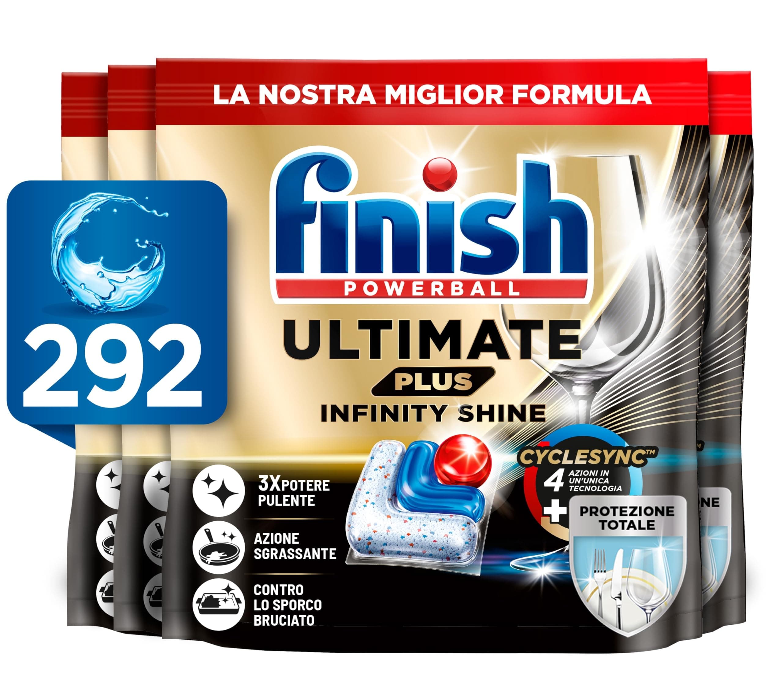 Finish Ultimate PLUS Infinity Shine Pastiglie Lavastoviglie, 73 Capsule Lavastoviglie, Pastiglie per Lavastoviglie con Scudo Protettivo contro lo Sporco e i Residui Incrostati (Confezione da 4)