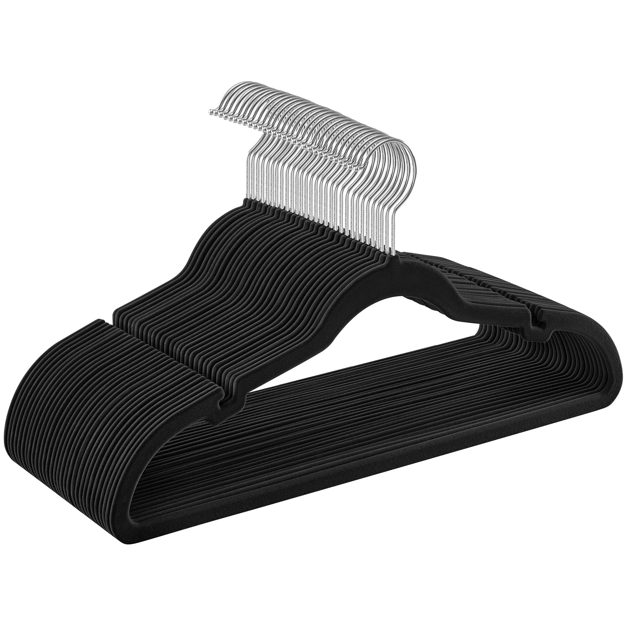 SONGMICS Perchas de Terciopelo, Juego de 30 Piezas, Antideslizantes, Ranuras para Hombros, Barra para Pantalones, Gancho Giratorio 360°, 0,6 cm de Grosor, 43 cm Largo, Negro CRF029B03