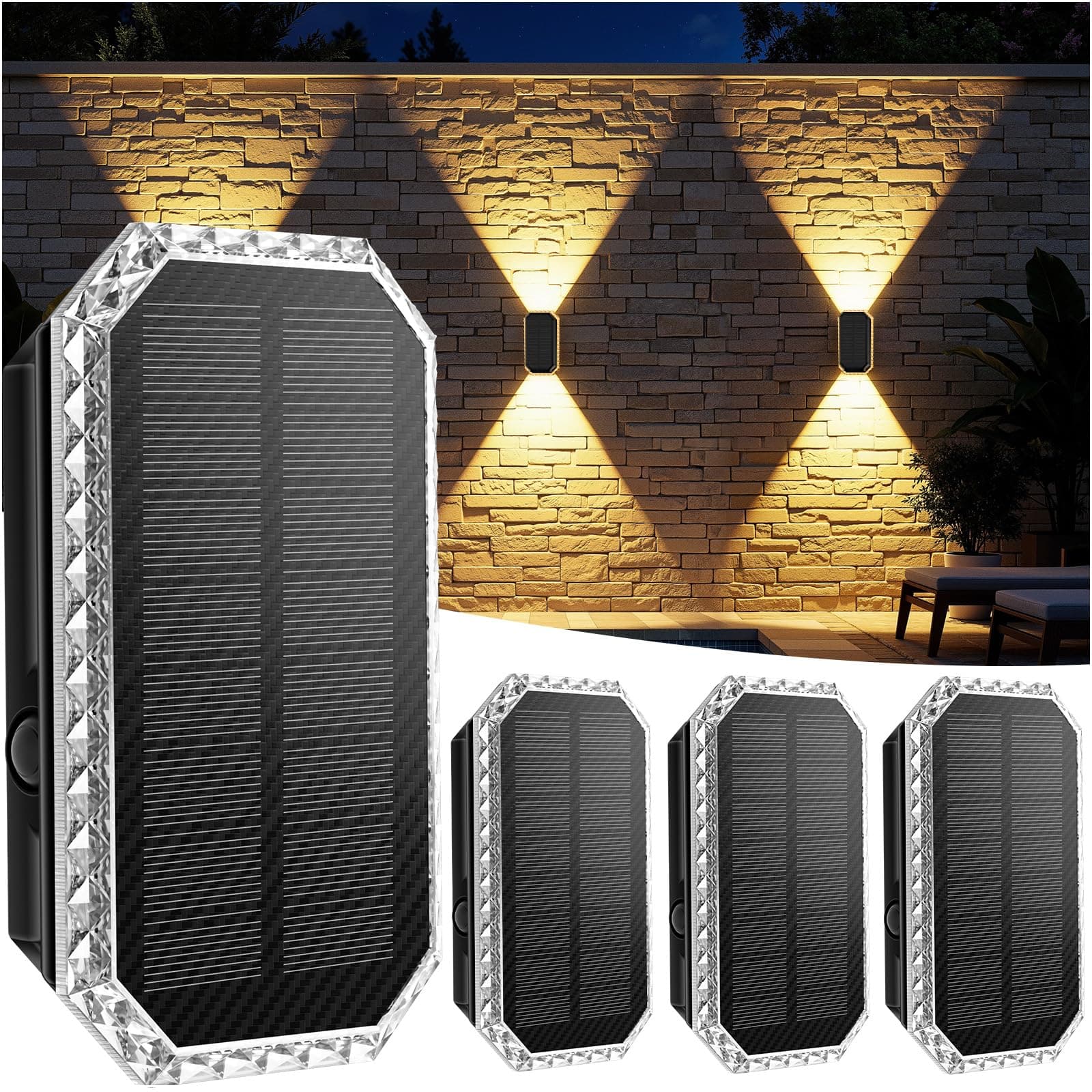 Giliwosy Aplique Solar de Pared, Lámpara Solar Exterior Pack de 4, 3 Colores de Luz IP65 Impermeable, Batería 1200mAh Luces Solares Exterior Decorativas para Jardín, Piscina, Patio y Valla