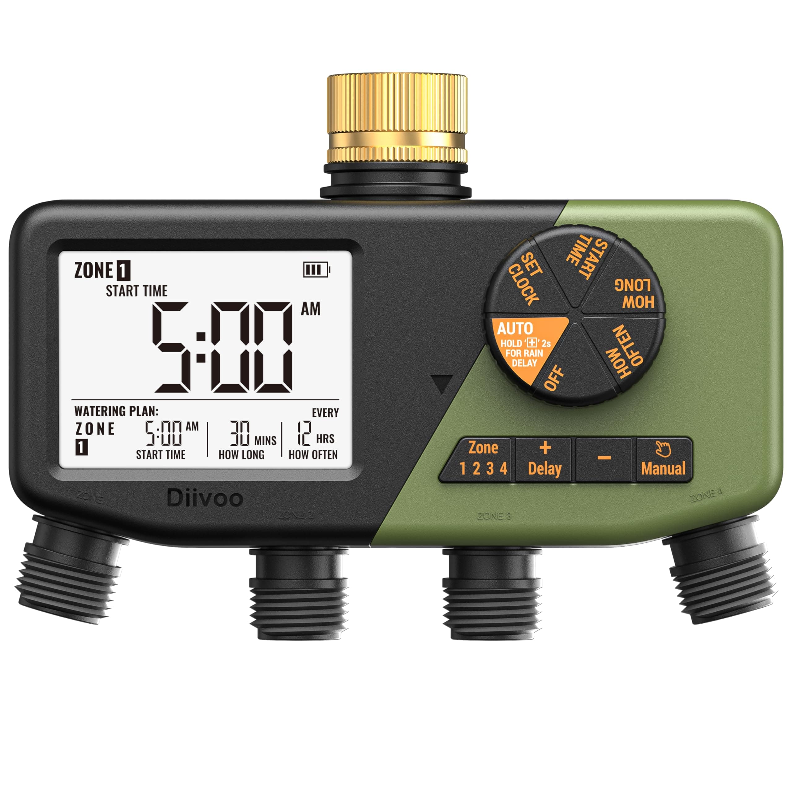 Diivoo Programador Riego 4 Salidas con Entrada de Latón, IP68 Temporizador Riego Automatico con Pantalla Grande, Retraso por Lluvia, Riego Manual, Programador Riego Pilas para Césped y Jardín