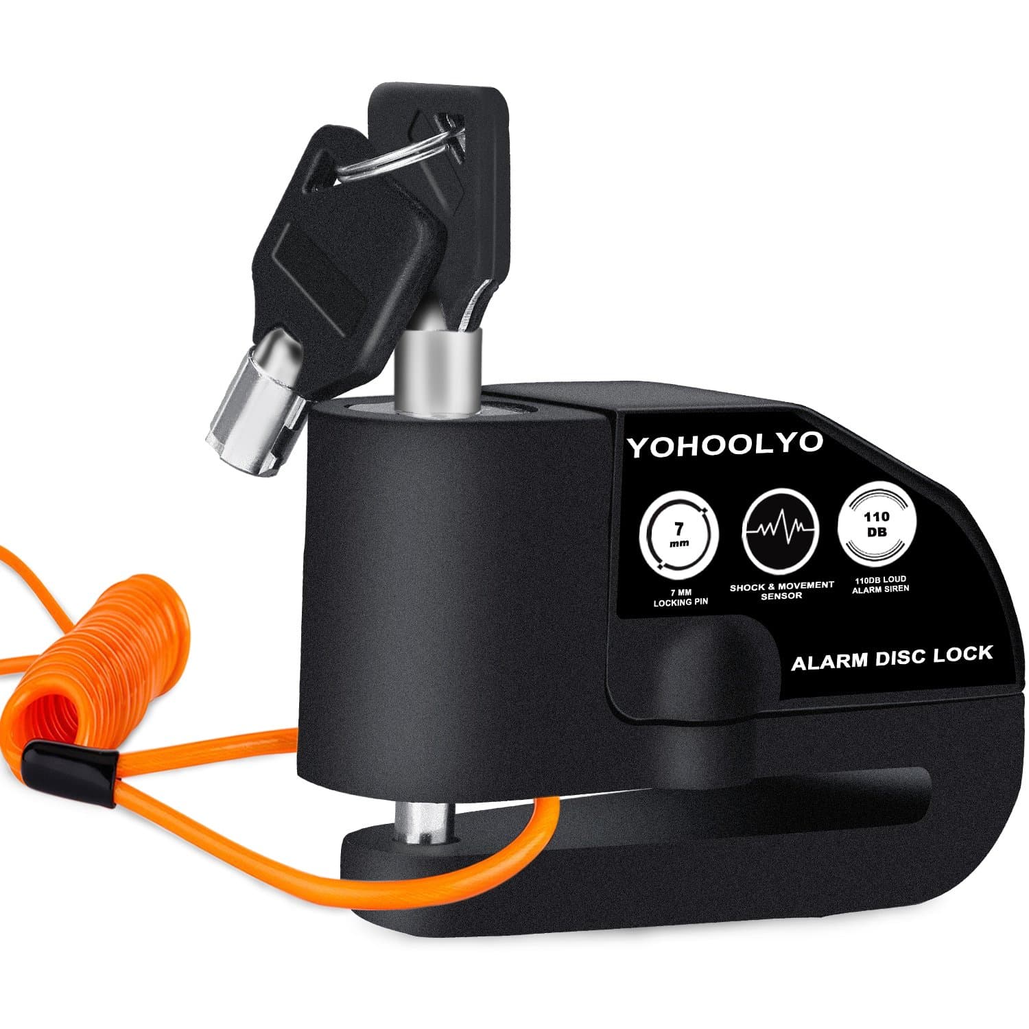 YOHOOLYO Bloccadisco Moto Lucchetto Antifurto Impermeabile Allarme Sonoro 110DB per Moto, Bici, Motocross e Scooter, Accessori con 2 Chiavi, Cavo Promemoria di 1,5m e Borsa Trasporto