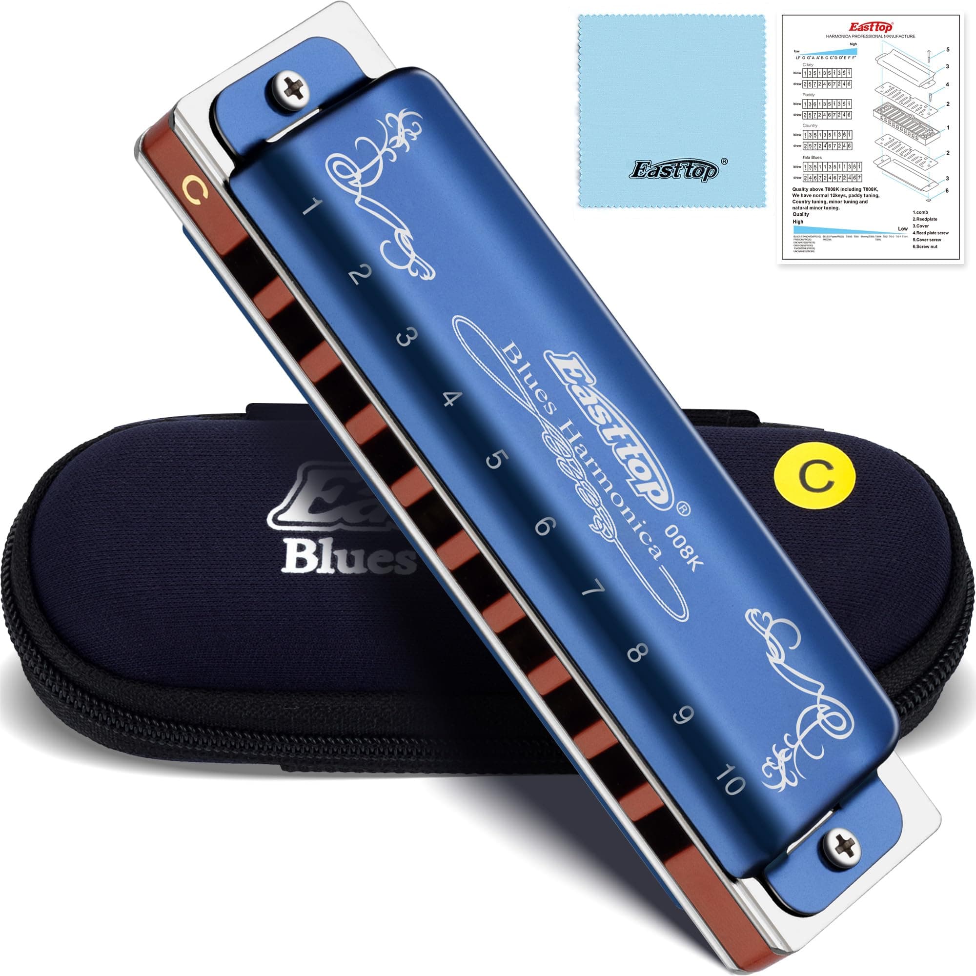 East top Harmonica Blues adulte diatonique en Do 20 tons T008K avec étui bleu, Pour enfant diatonict pour Débutants et étudiants, comme meilleur cadeau