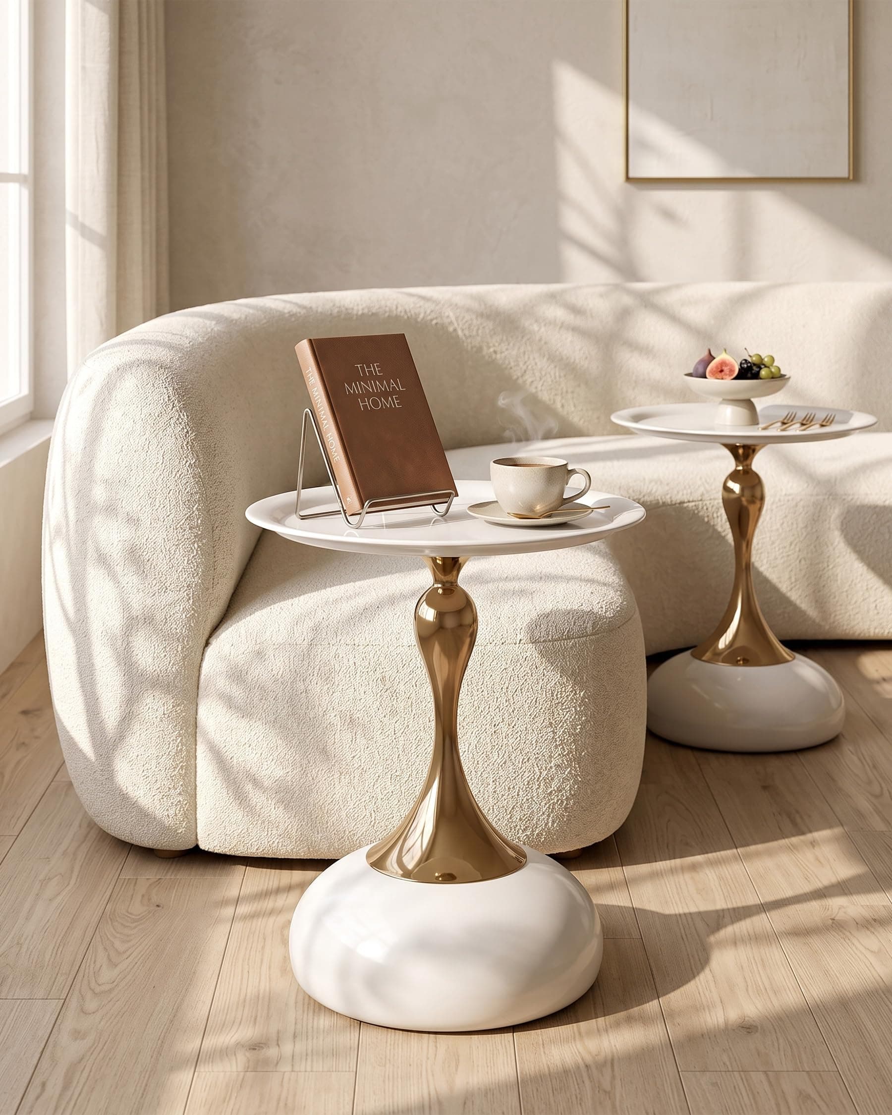 Ginhow Lot de 2 Tables Basses Rondes et Modernes, Petite Table Balcon pour Salon, Chambre à Coucher, 40 cm, Beige et Or, 2 Pièces