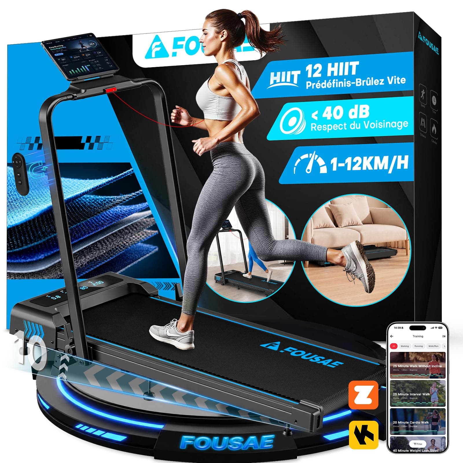 Tapis de Course, FOUSAE 12 Programmes HIIT Prédéfinis, 10% Tapis de Marche Inclinable, 12 KM/H, Moteur Haute Performance 2,75CV Silencieux, APP & Télécommande, Charge 158kg Fitness Intérieur