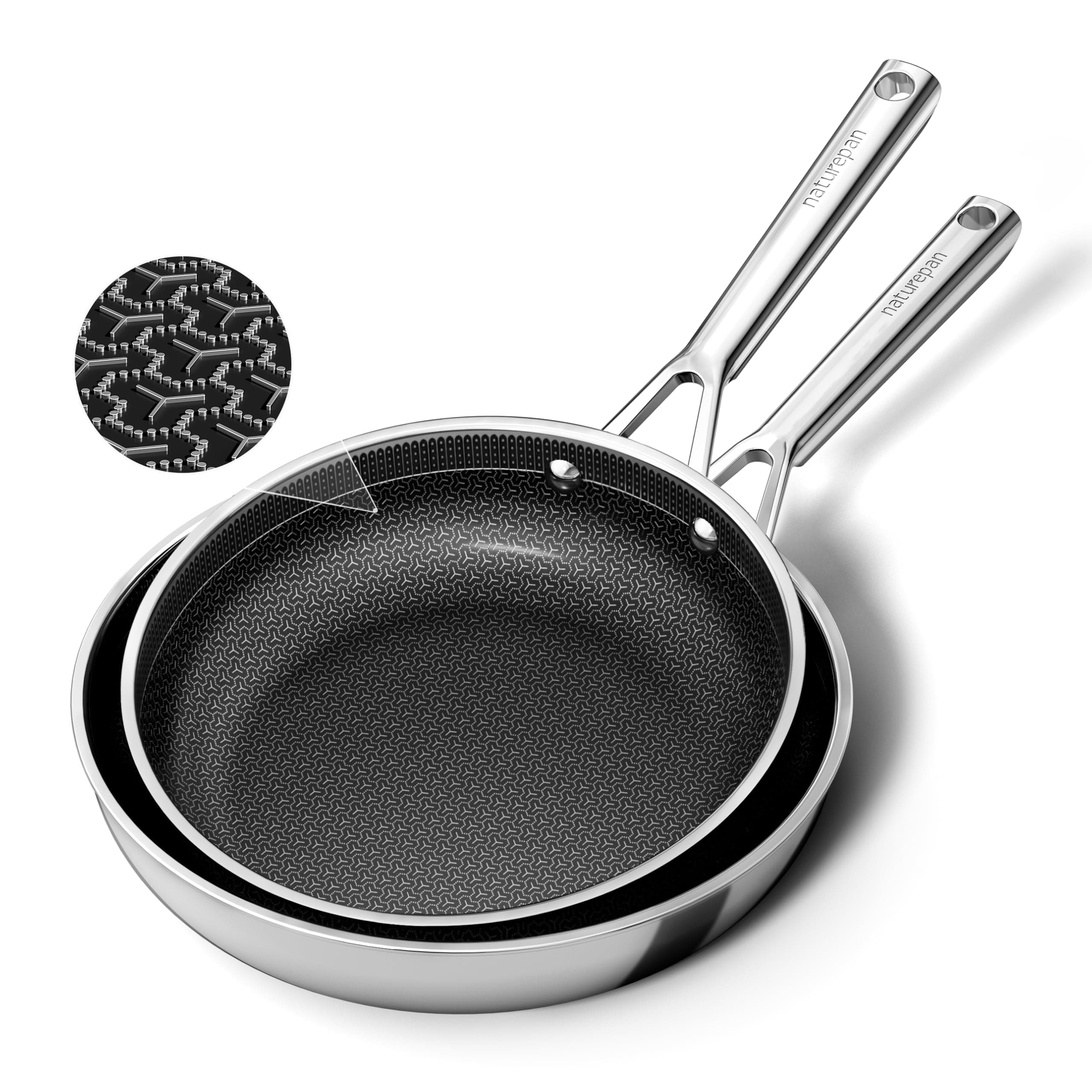 naturepan DiamondTitan Set 2 Sartenes Acero Inoxidable (24+28 cm), Sartén de Cerámica Antiadherente, para Todas Cocinas, Estructura Panal Láser, Mango Fresco, Lavavajillas