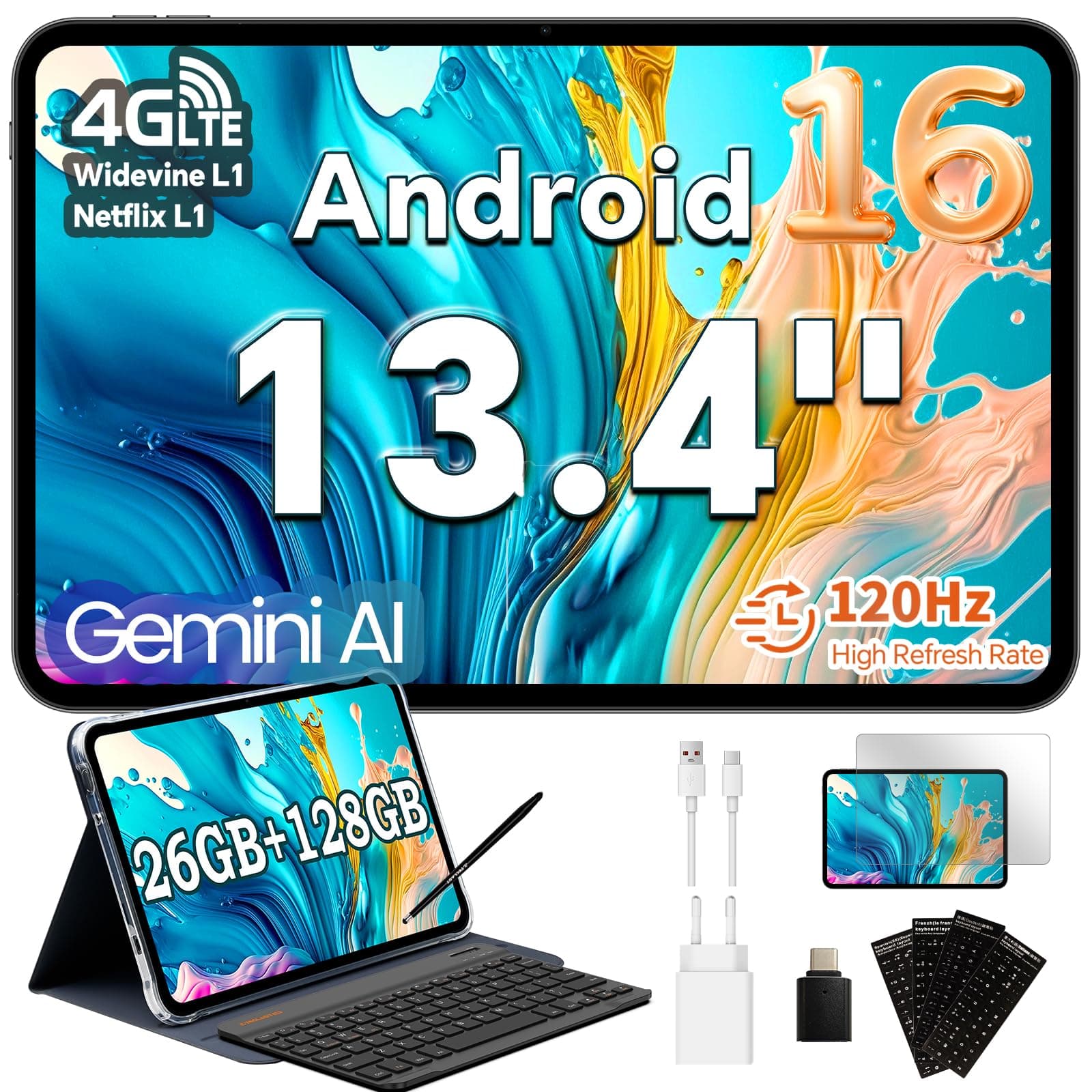 TECLAST T65case Tablet 13.4 Pulgadas Android 16, 120Hz Tablet, Gemini AI, 4G LTE Doble SIM, Tablet con Teclado y Lápiz, 26GB RAM, 128GB ROM(TF 4TB), 8000mAh, Octa-Core, Widevine L1, 5G WiFi, GPS
