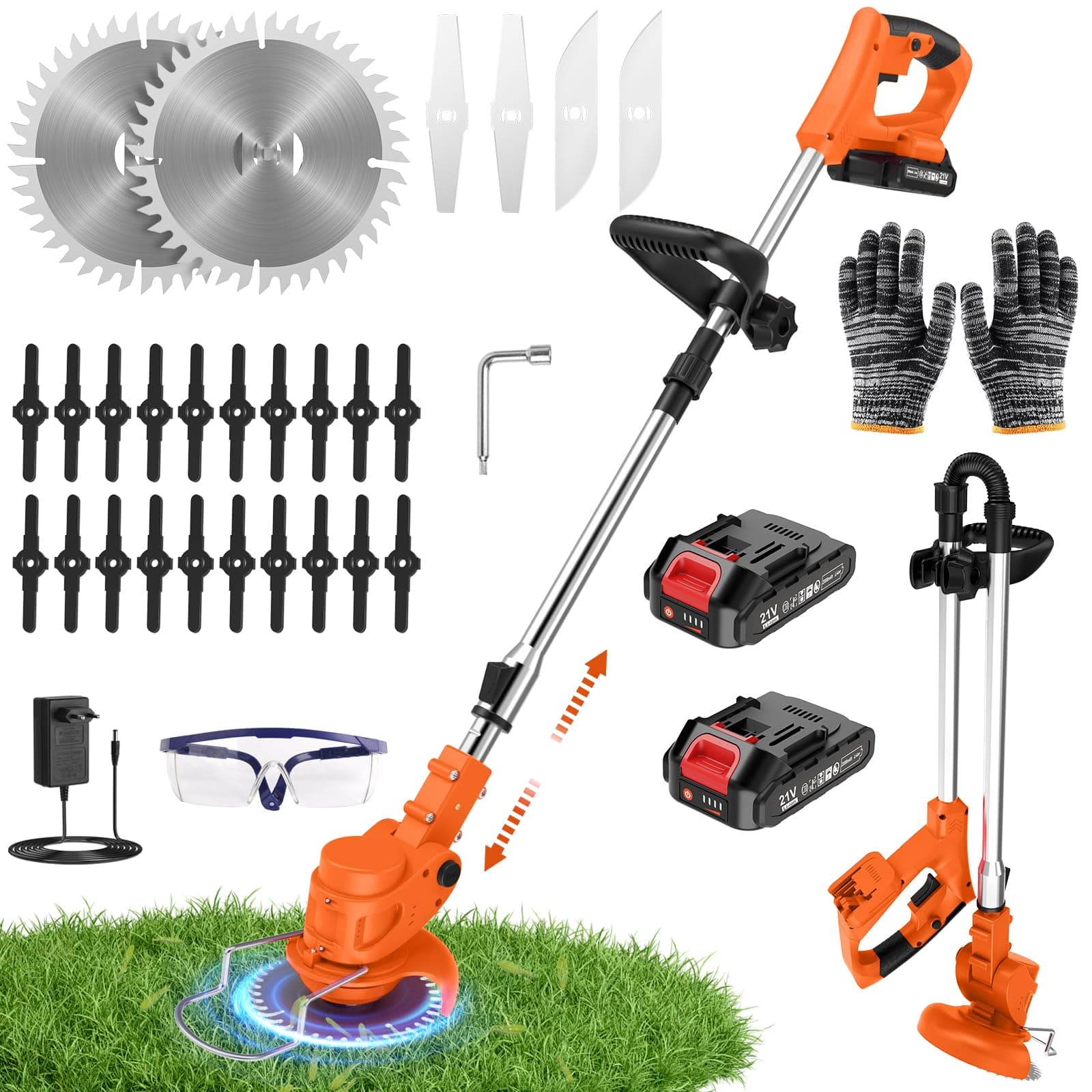 Coupe Bordure sans Fil avec Batterie Pliable 60cm, Debroussailleuse Electrique 2 Batterie 21V, Manche Télescopique 105-130cm et 26 Lames pour Entretien de Pelouse et Finitions de Jardin (Orange)
