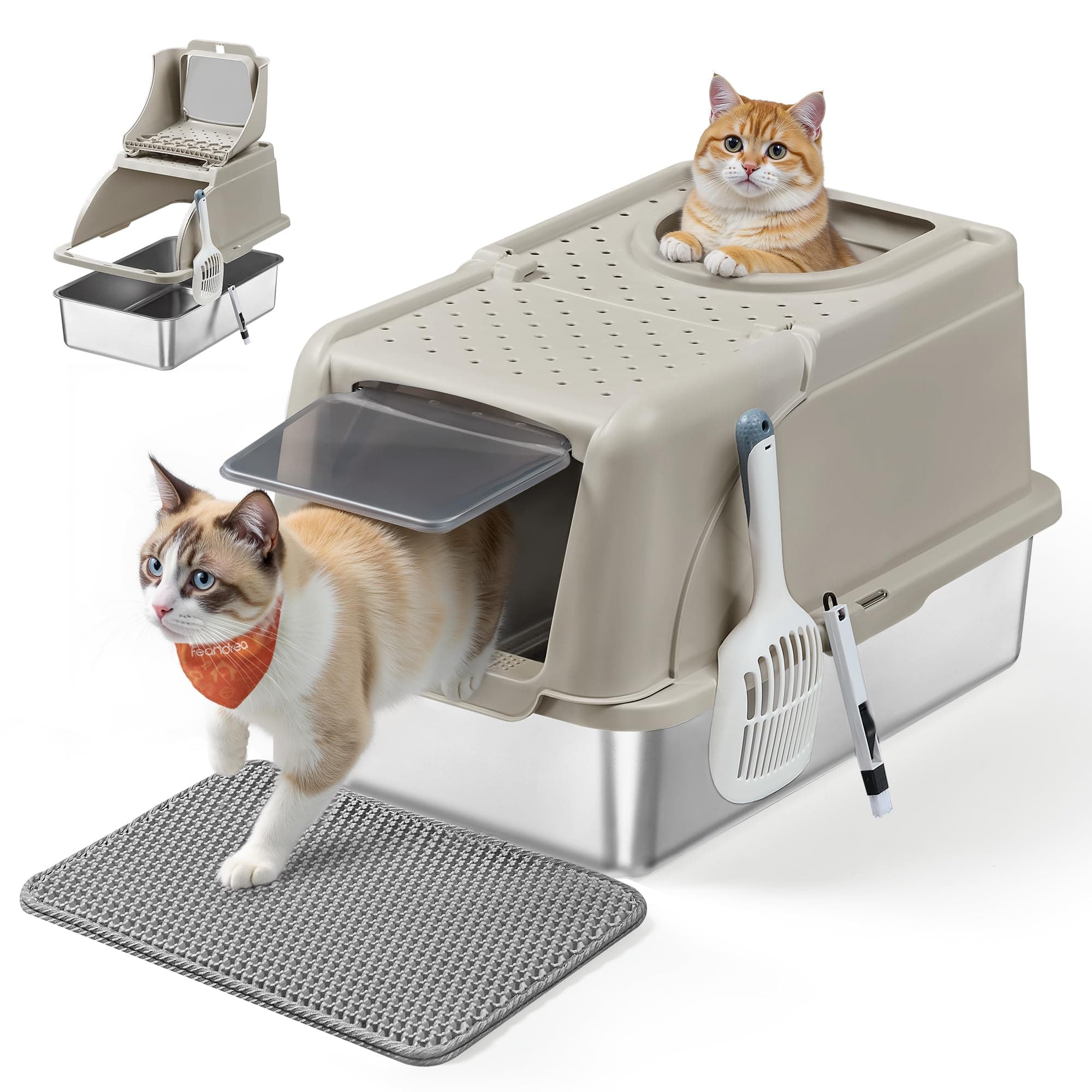 Feandrea Bac à Litière pour Chat, en Acier Inoxydable, avec Couvercle Basculant, Grande Taille, Design Étanche, Pelle, Brosse, Double Entrée, pour Chats Jusqu'à 15 kg, Beige Cappuccino PPT005K01
