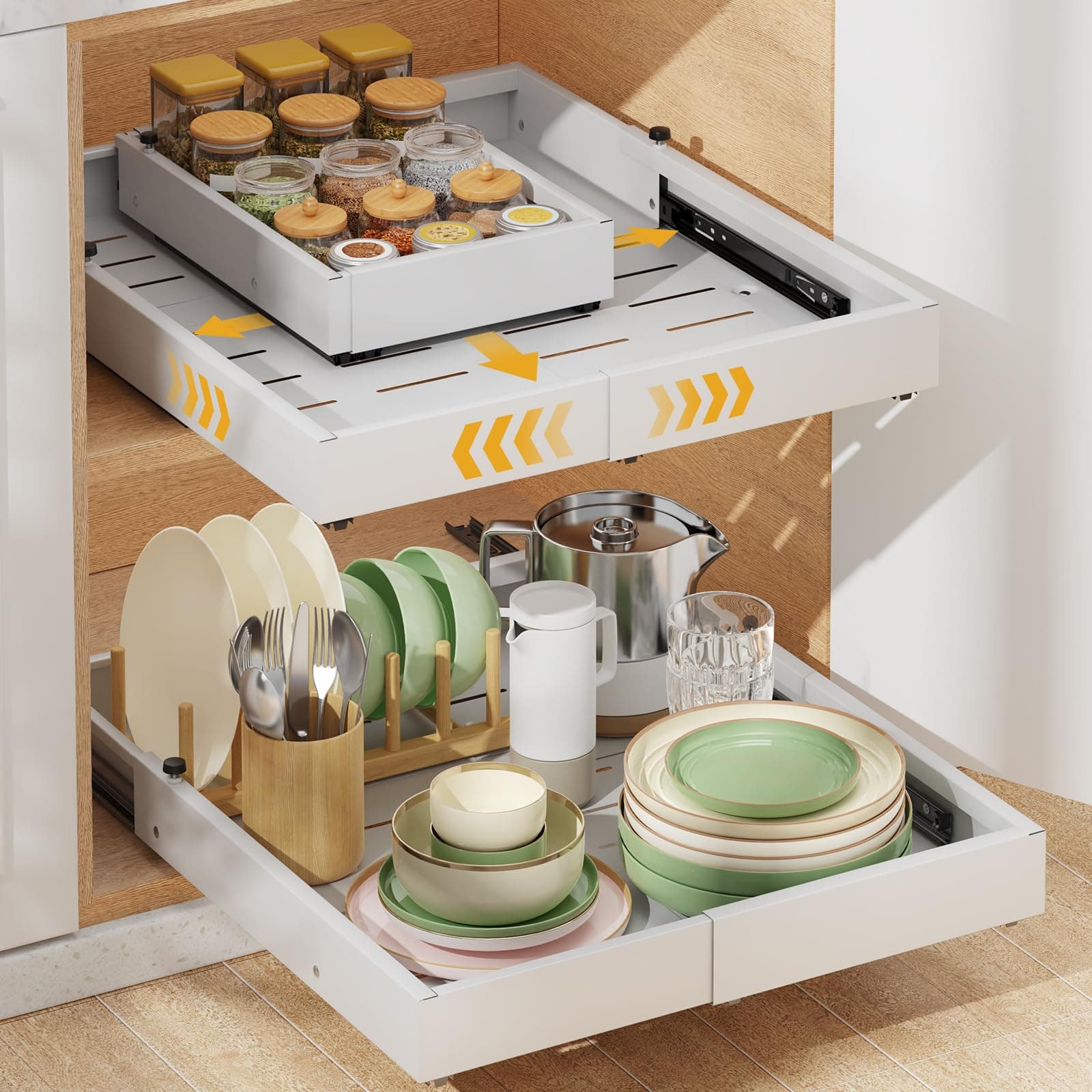 Housolution Lot de 2 Tiroir Coulissant Cuisine, Extensible Tiroir Telescopique, Largeur Réglable de 30 cm à 50 cm, Profondeur de 40 cm à 55 cm, Rangement Etagere Coulissante pour Placard